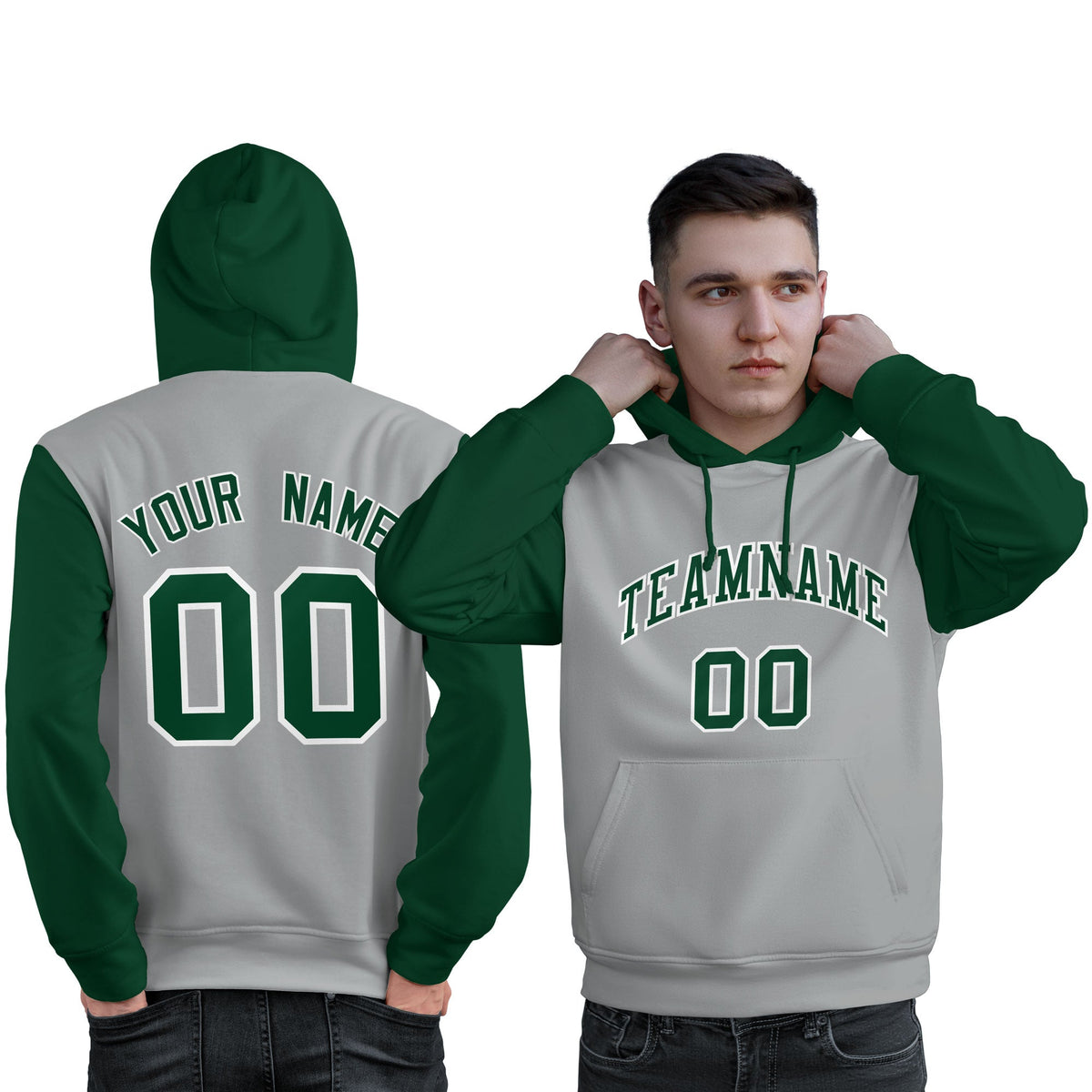 Custom Gray Green-White Raglan Sleeves Pullover Personalized Sweatshirt Hoodie