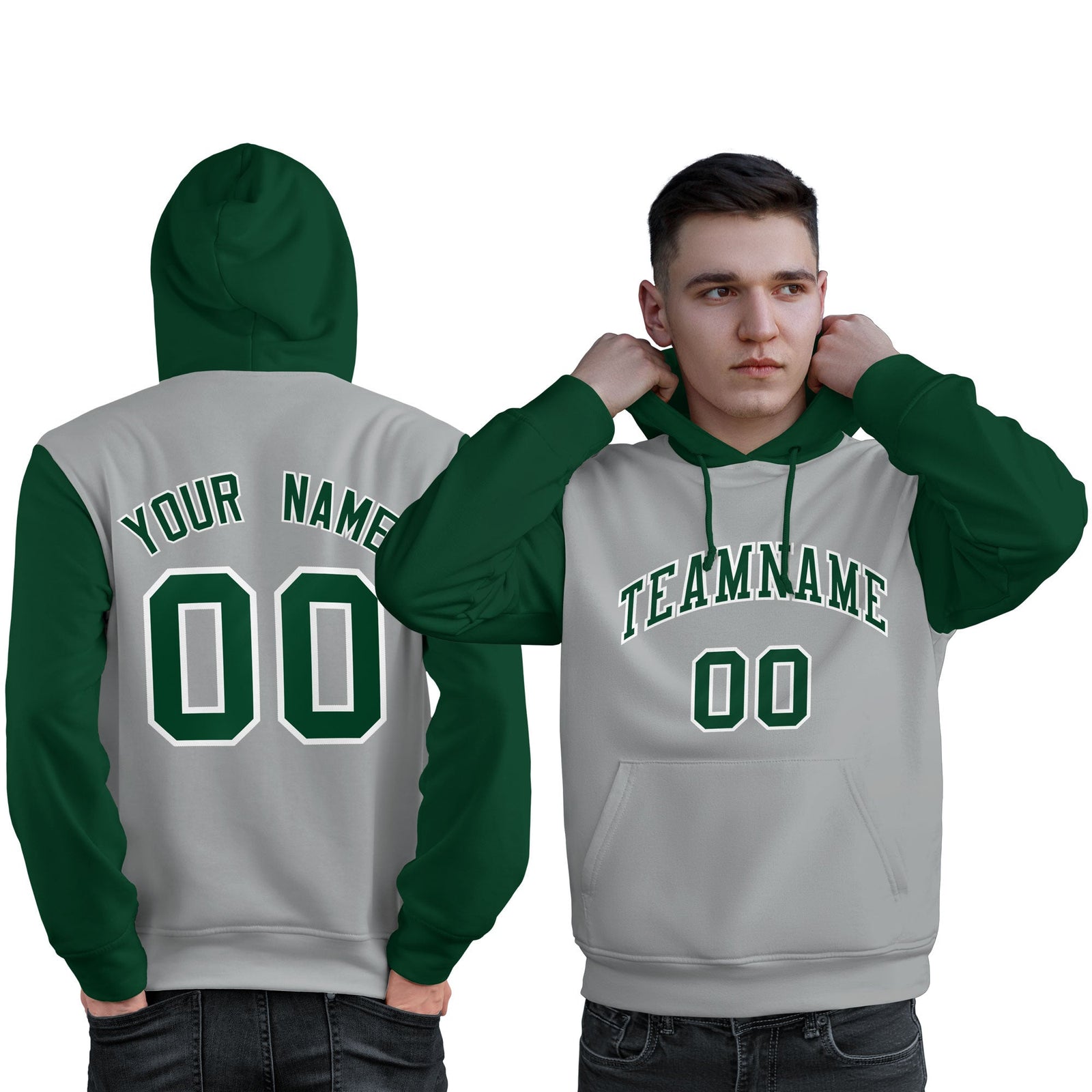 Custom Gray Green-White Raglan Sleeves Pullover Personalized Sweatshirt Hoodie