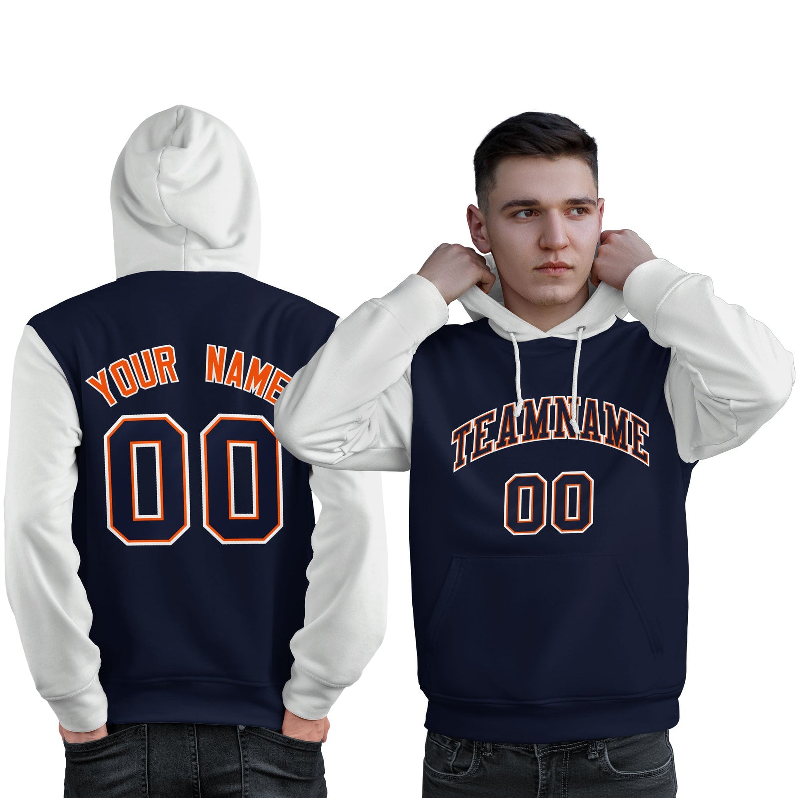 Custom Navy Orange-White Raglan Sleeves Pullover Personalized Sweatshirt Hoodie