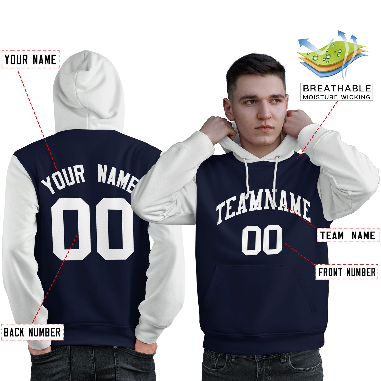 Custom Navy White Raglan Sleeves Pullover Personalized Sweatshirt Hoodie