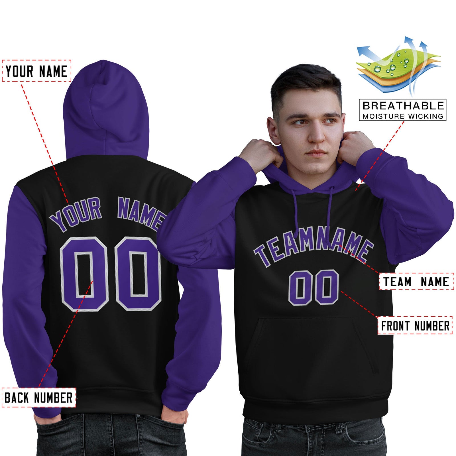 Custom Black Purple-Gray Raglan Sleeves Pullover Personalized Sweatshirt Hoodie