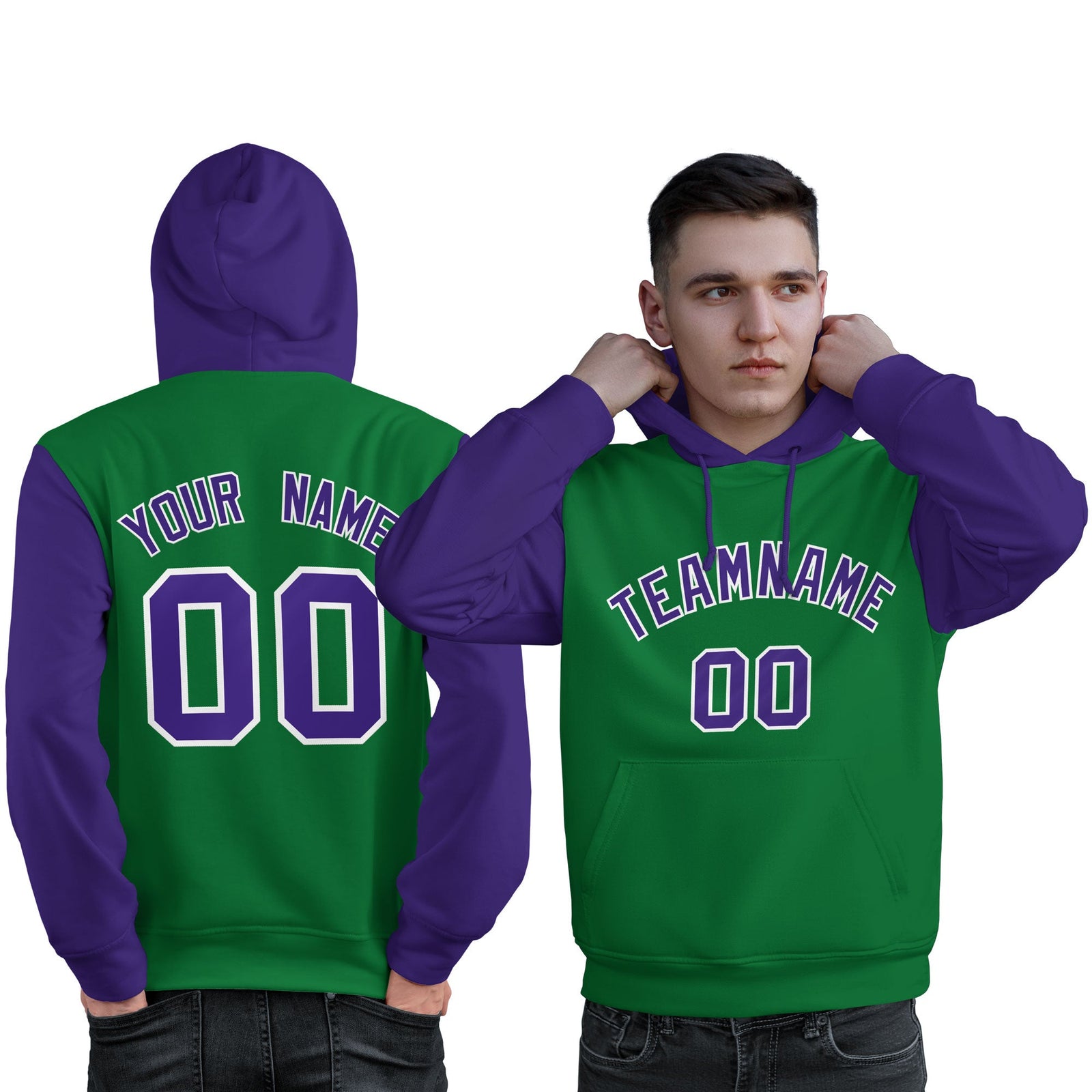 Custom Kelly Green Purple-White Raglan Sleeves Pullover Personalized Sweatshirt Hoodie