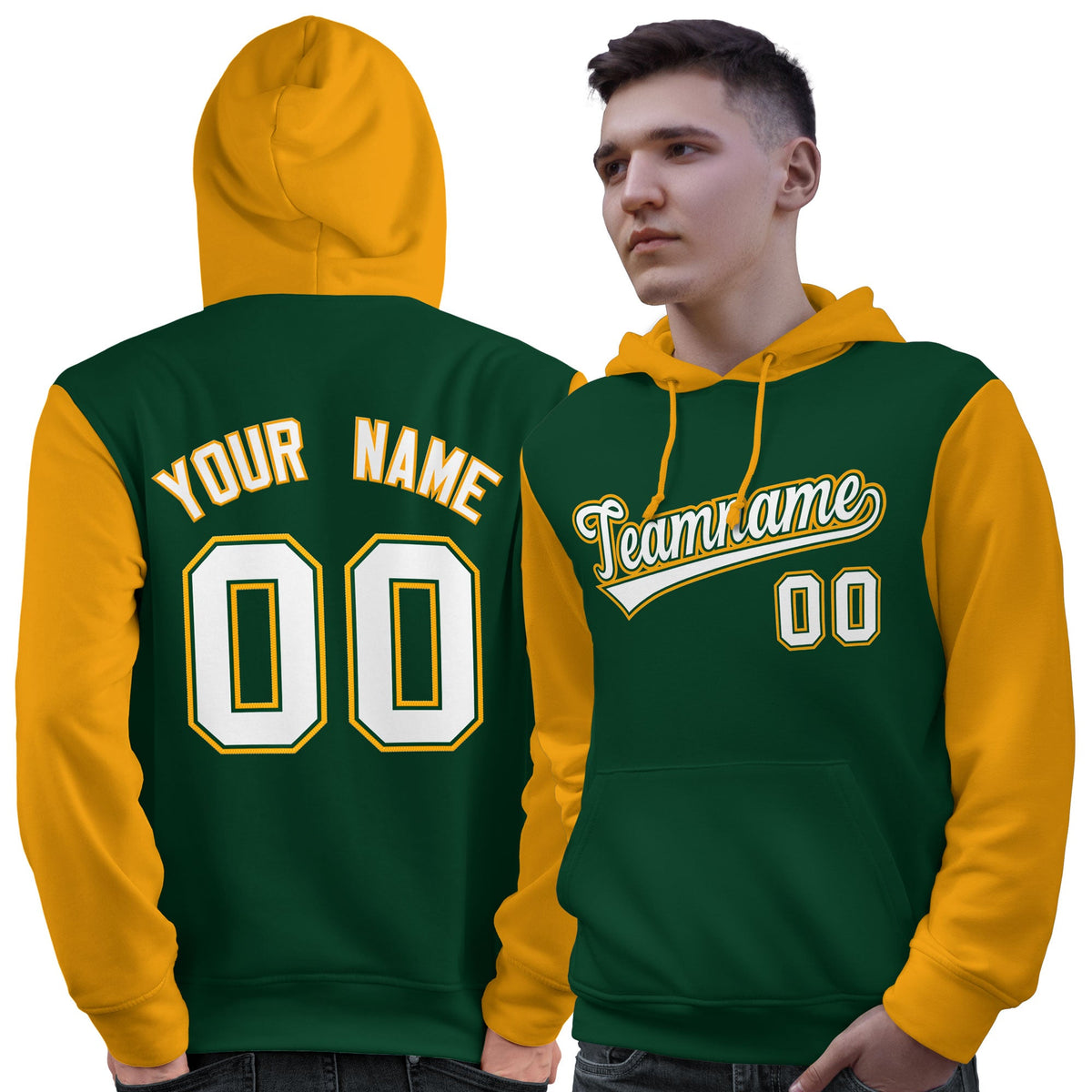 Custom Green White-Gold Raglan Sleeves Pullover Personalized Sweatshirt Hoodie