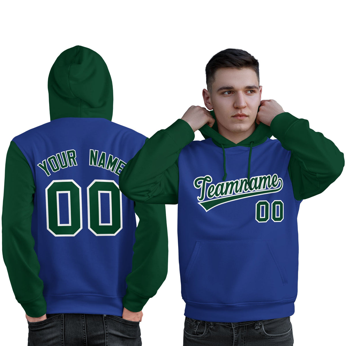 Custom Royal Green-White Raglan Sleeves Pullover Personalized Sweatshirt Hoodie