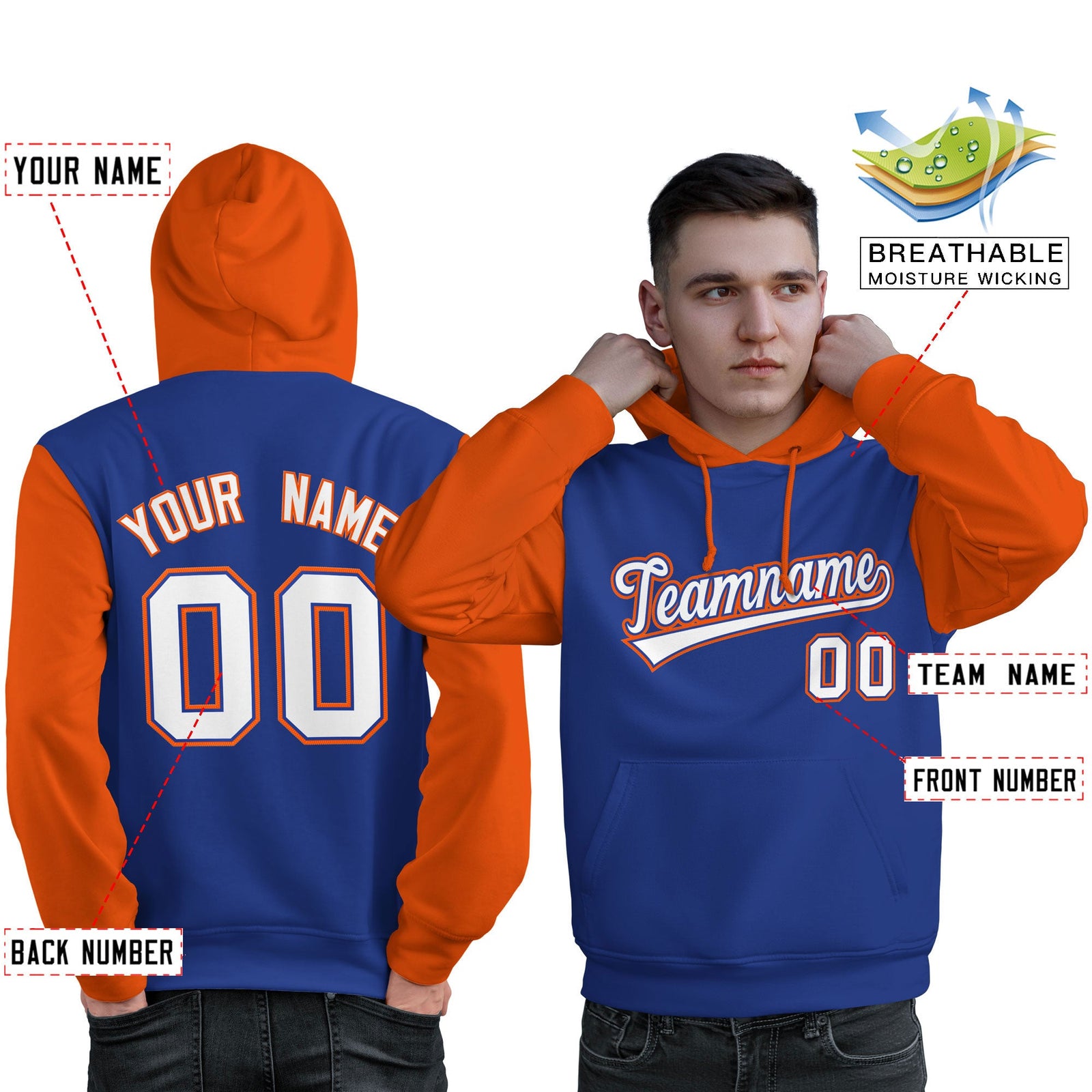 Custom Royal White-Orange Raglan Sleeves Pullover Personalized Sweatshirt Hoodie