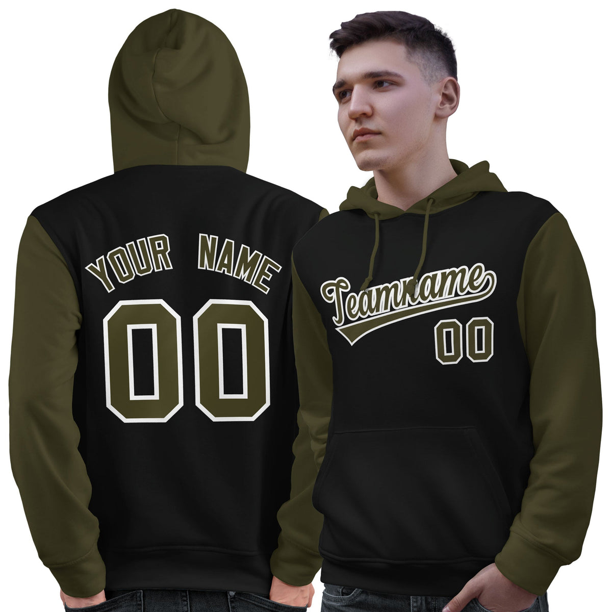 Custom Black Olive-White Raglan Sleeves Pullover Personalized Sweatshirt Hoodie