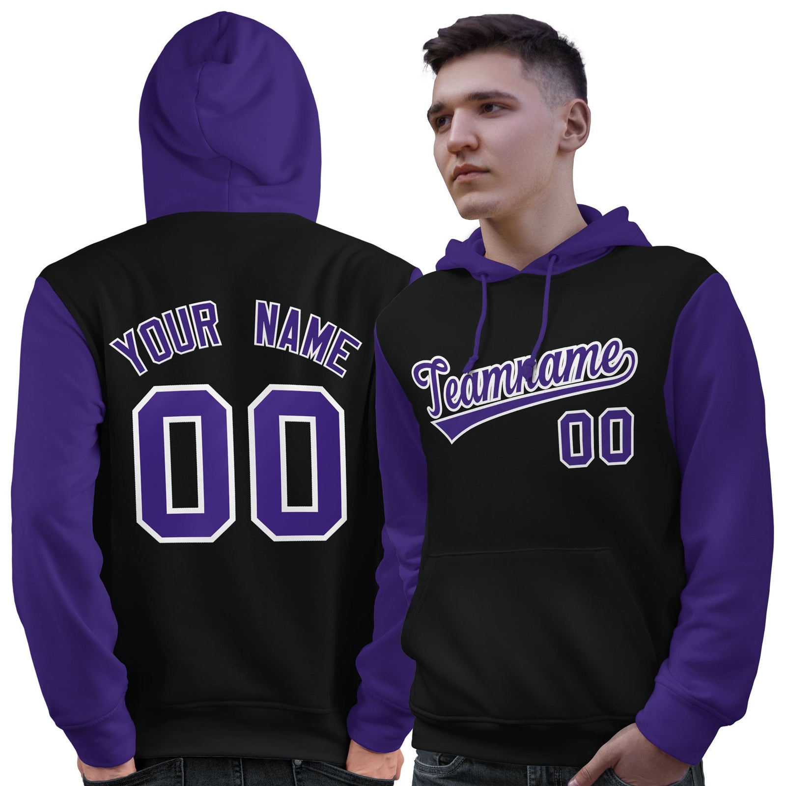 Custom Black Purple-White Raglan Sleeves Pullover Personalized Sweatshirt Hoodie