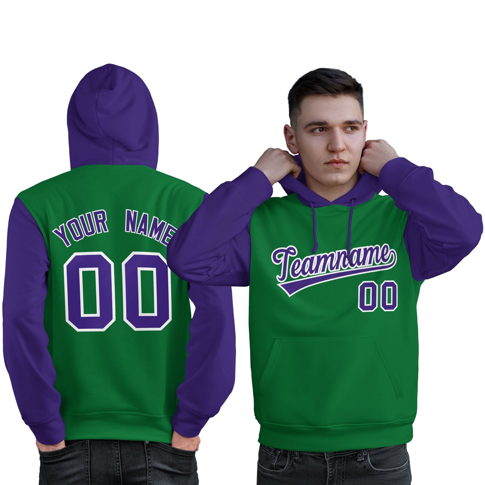 Custom Kelly Green Purple-White Raglan Sleeves Pullover Personalized Sweatshirt Hoodie