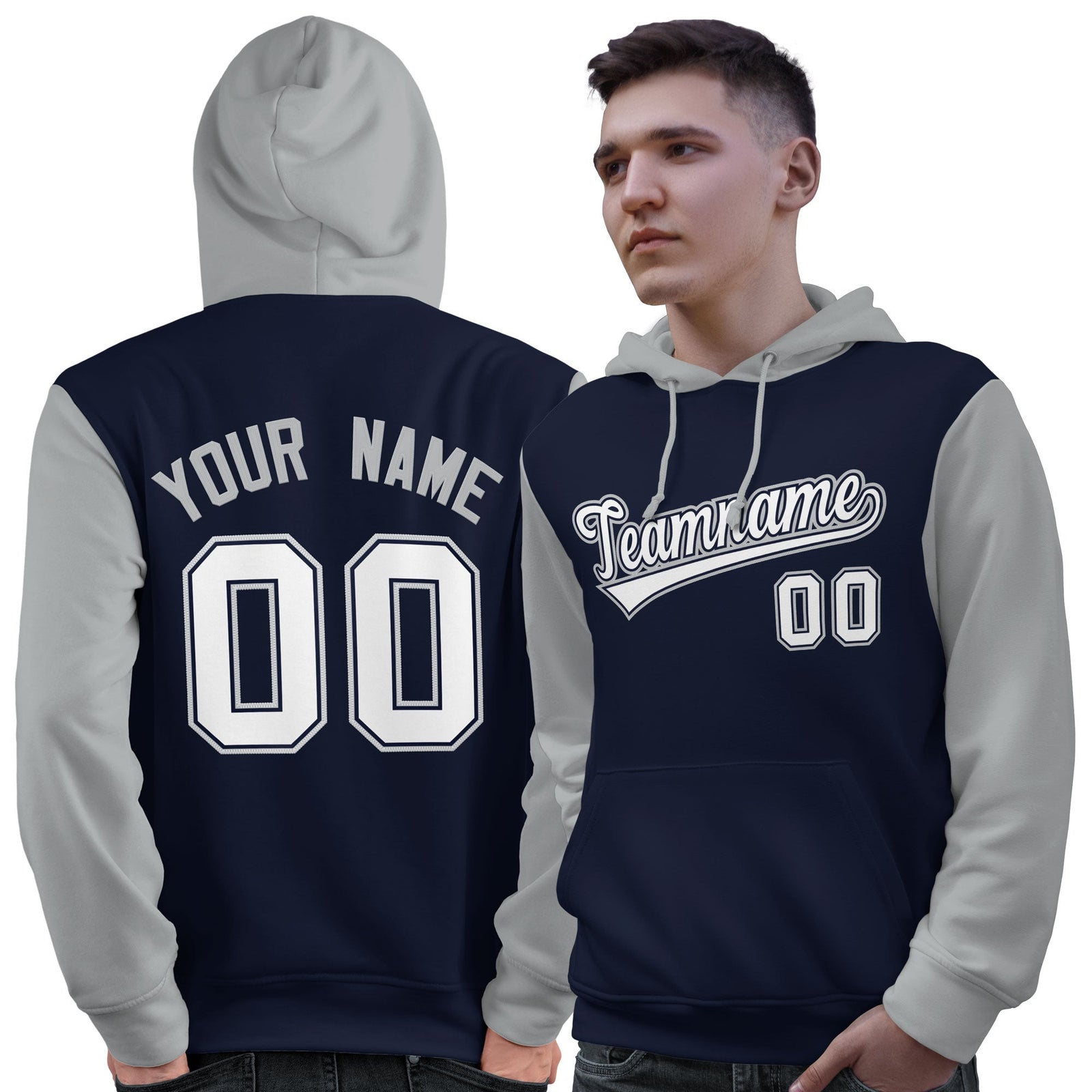 Custom Navy White-Gray Raglan Sleeves Pullover Personalized Sweatshirt Hoodie