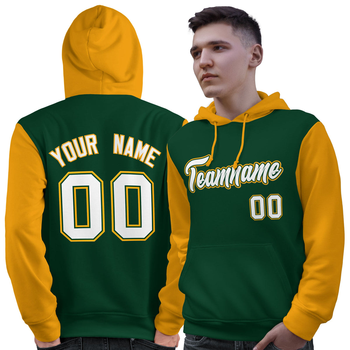 Custom Green White-Gold Raglan Sleeves Pullover Personalized Sweatshirt Hoodie