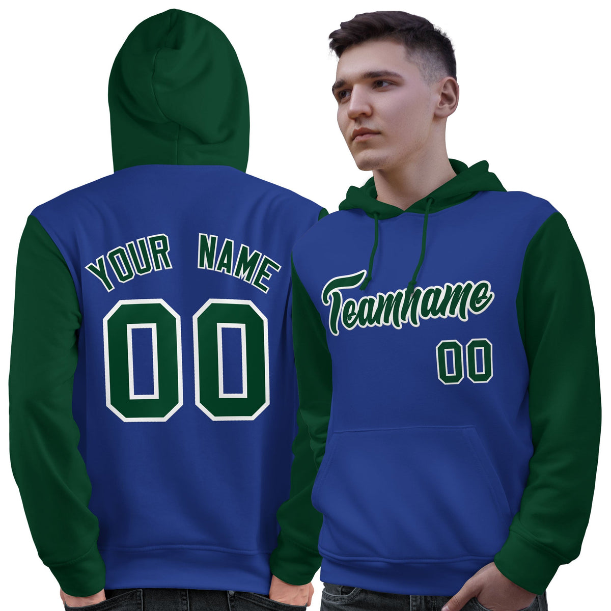 Custom Royal Green-White Raglan Sleeves Pullover Personalized Sweatshirt Hoodie