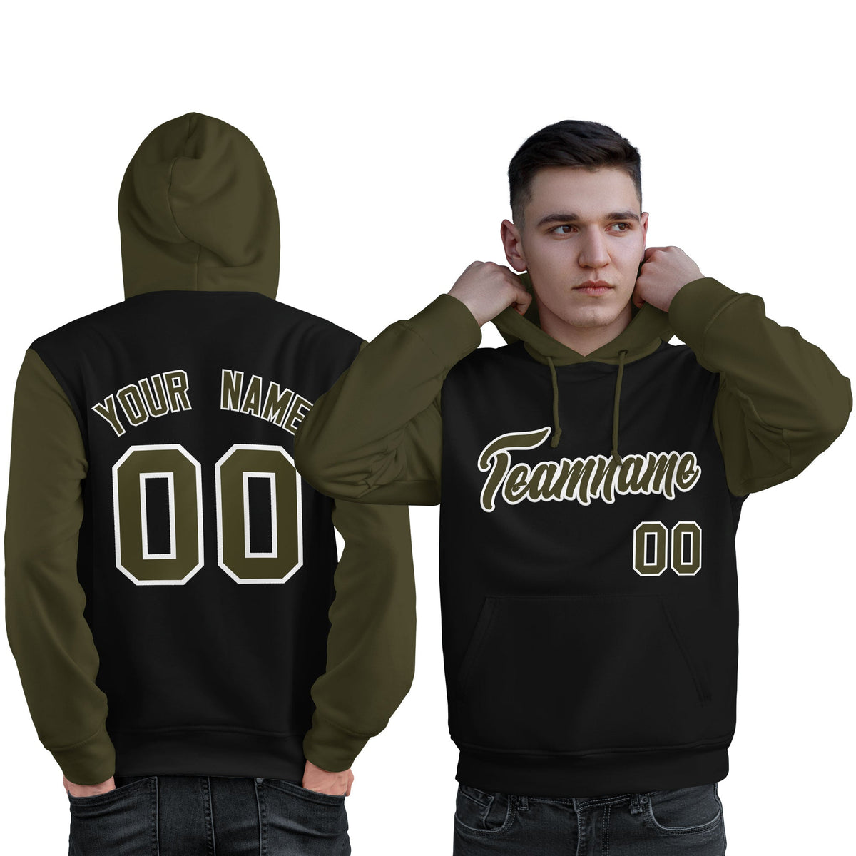 Custom Black Olive-White Raglan Sleeves Pullover Personalized Sweatshirt Hoodie