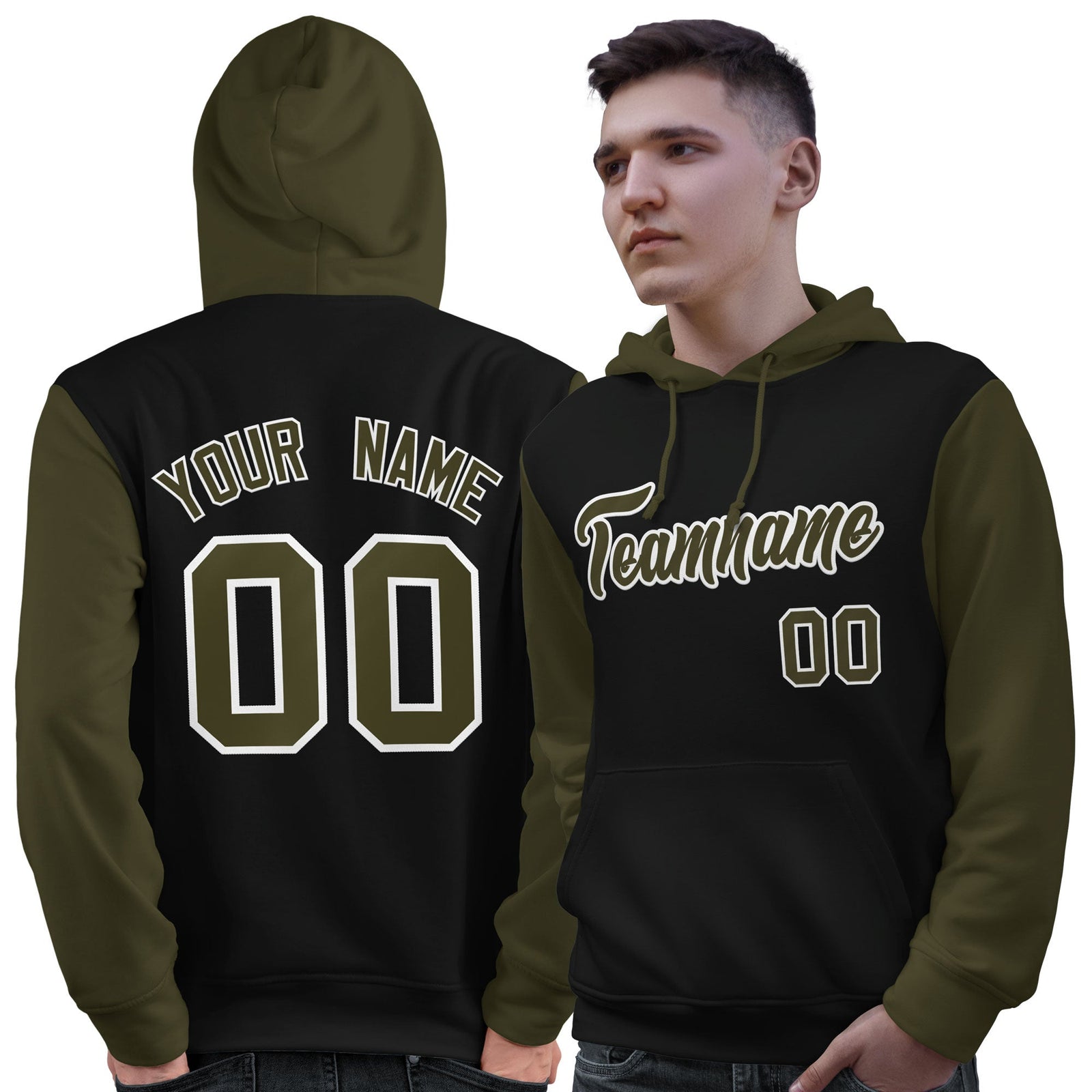 Custom Black Olive-White Raglan Sleeves Pullover Personalized Sweatshirt Hoodie