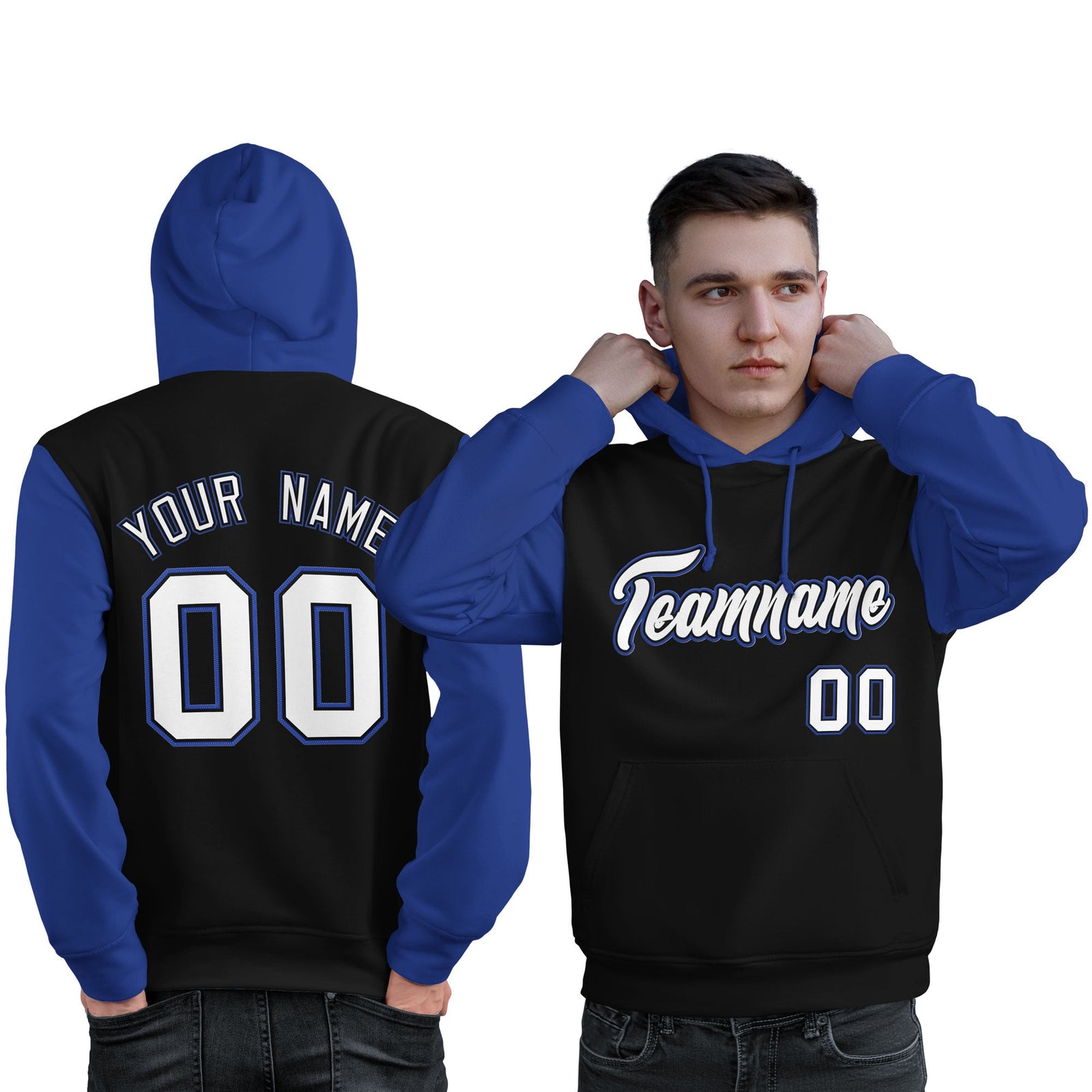 Custom Black White-Royal Raglan Sleeves Pullover Personalized Sweatshirt Hoodie