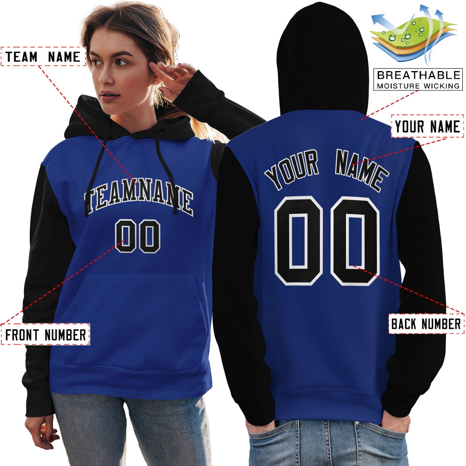Custom Royal Black-White Raglan Sleeves Pullover Personalized Team Sweatshirt Hoodie