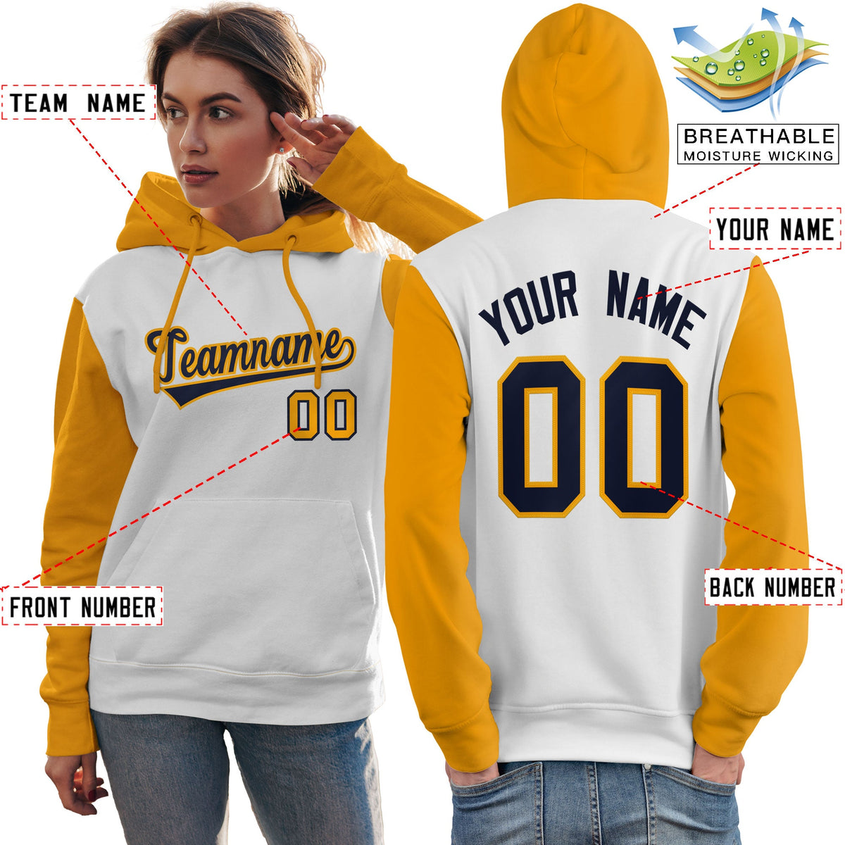 Custom White Navy-Gold Raglan Sleeves Pullover Personalized Team Sweatshirt Hoodie