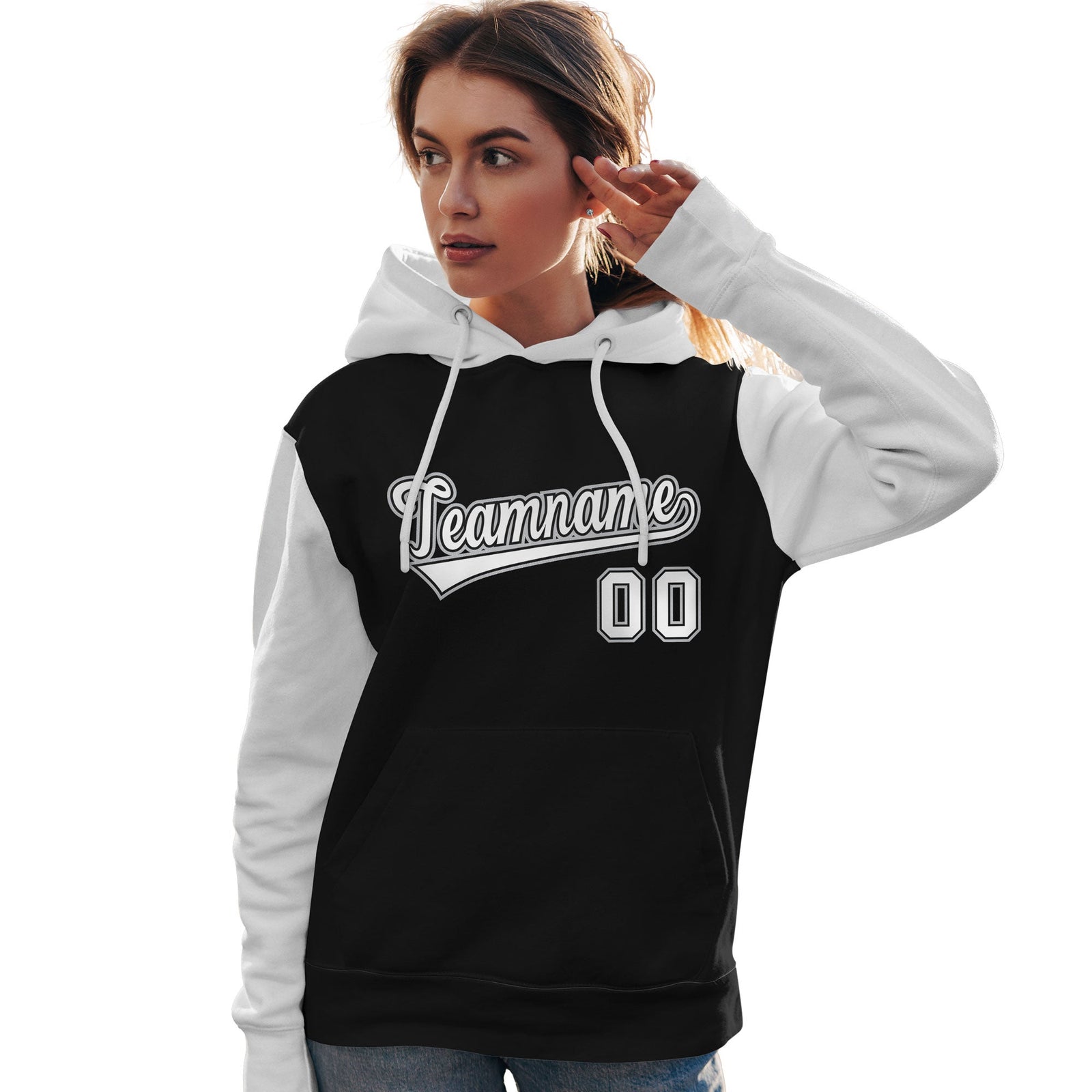 Custom Black White-Gray Raglan Sleeves Pullover Personalized Team Sweatshirt Hoodie