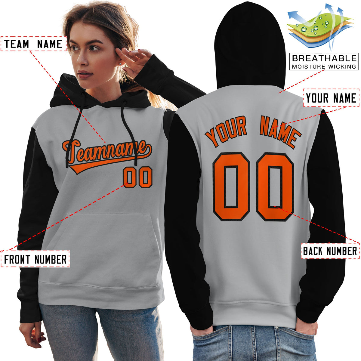 Custom Gray Orange-Black Raglan Sleeves Pullover Personalized Team Sweatshirt Hoodie