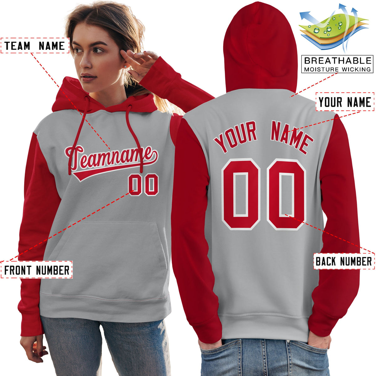 Custom Gray Red-White Raglan Sleeves Pullover Personalized Team Sweatshirt Hoodie