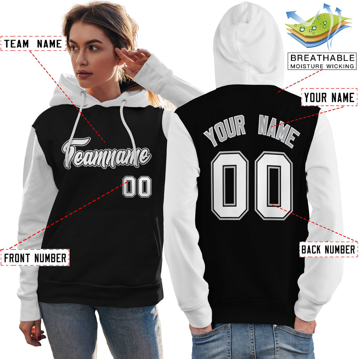 Custom Black White-Gray Raglan Sleeves Pullover Personalized Team Sweatshirt Hoodie