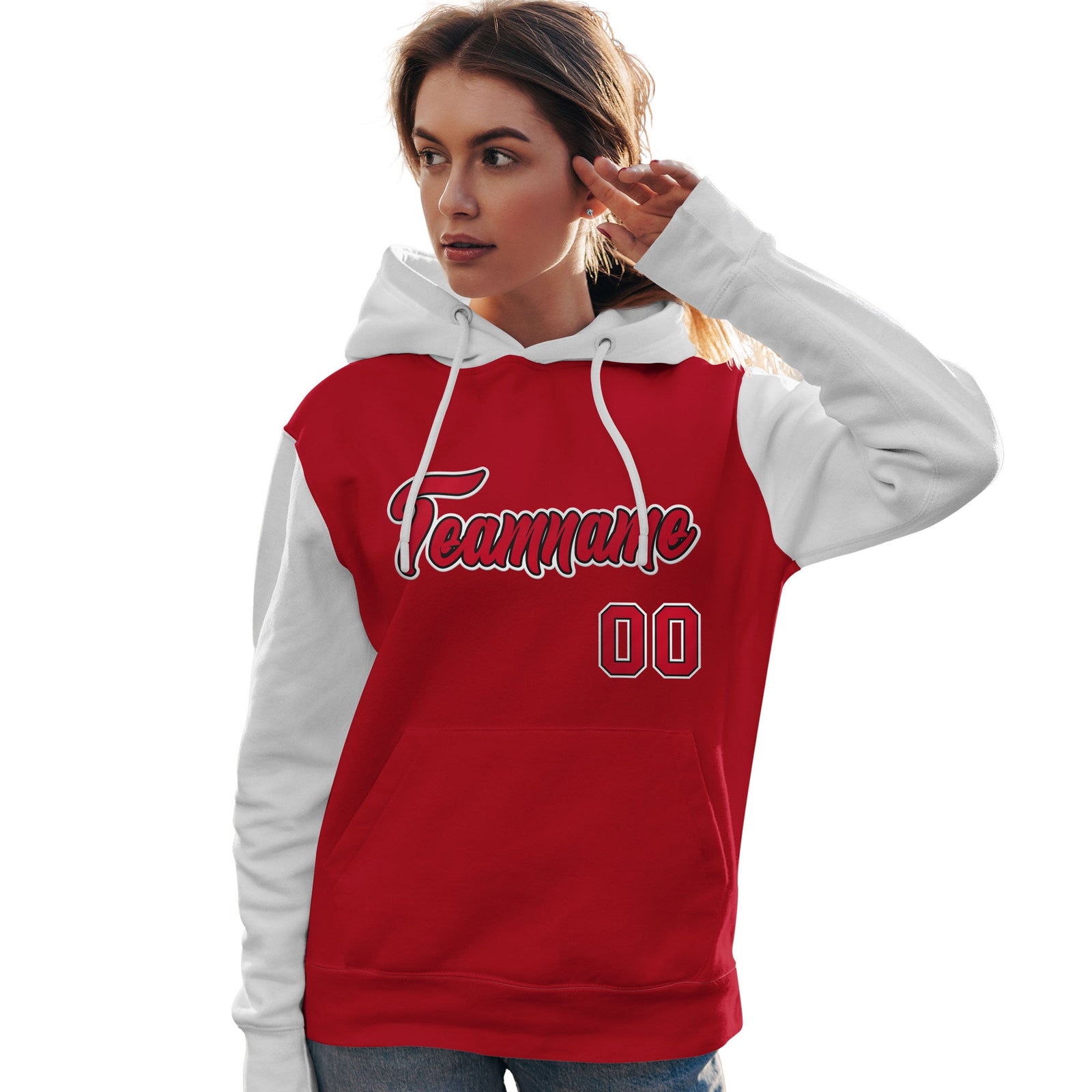 Custom Red Black-White Raglan Sleeves Pullover Personalized Team Sweatshirt Hoodie