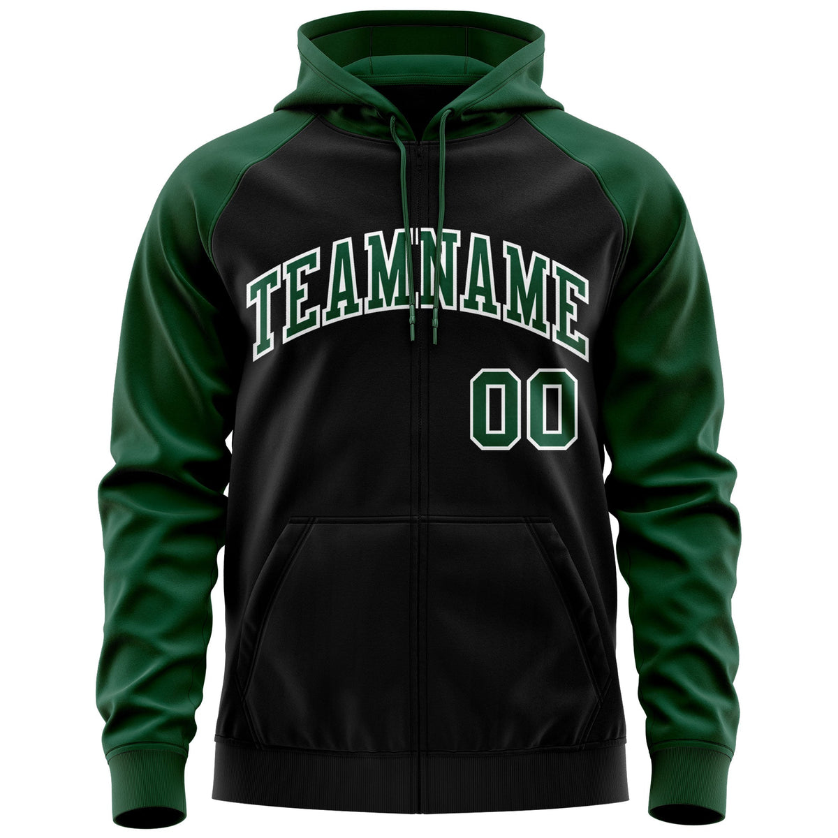 Custom Stitched Black Green-White Raglan Sleeves Sports Full-Zip Sweatshirt Hoodie