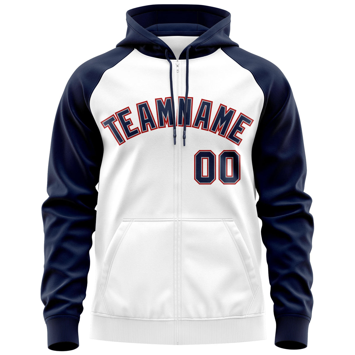 Custom Stitched White Navy-Red Raglan Sleeves Sports Full-Zip Sweatshirt Hoodie