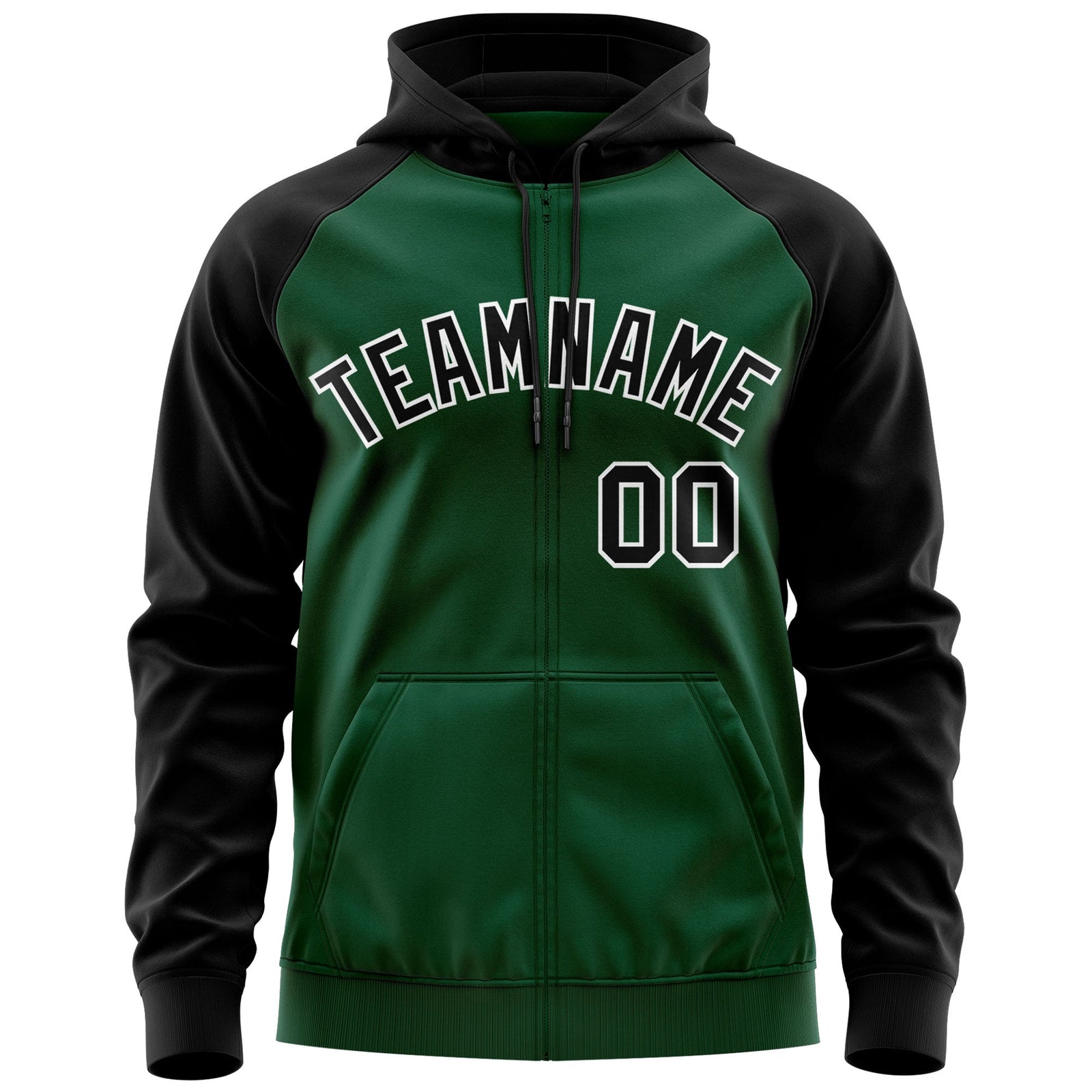 Custom Stitched Green Black-White Raglan Sleeves Sports Full-Zip Sweatshirt Hoodie