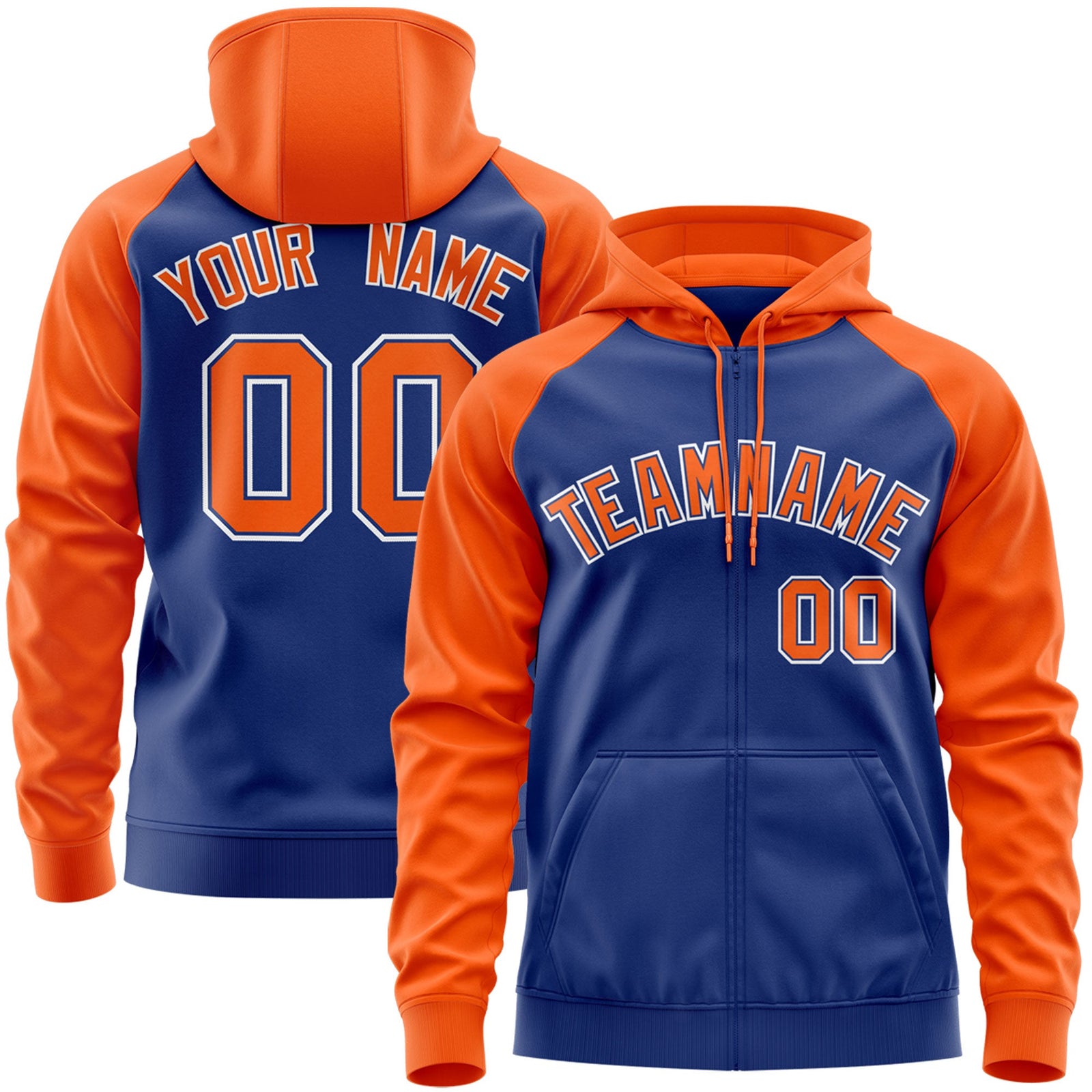 Custom Stitched Royal Orange-White Raglan Sleeves Sports Full-Zip Sweatshirt Hoodie