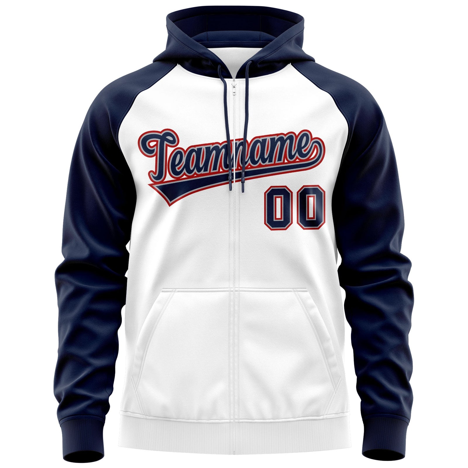 Custom Stitched White Navy-Red Raglan Sleeves Sports Full-Zip Sweatshirt Hoodie