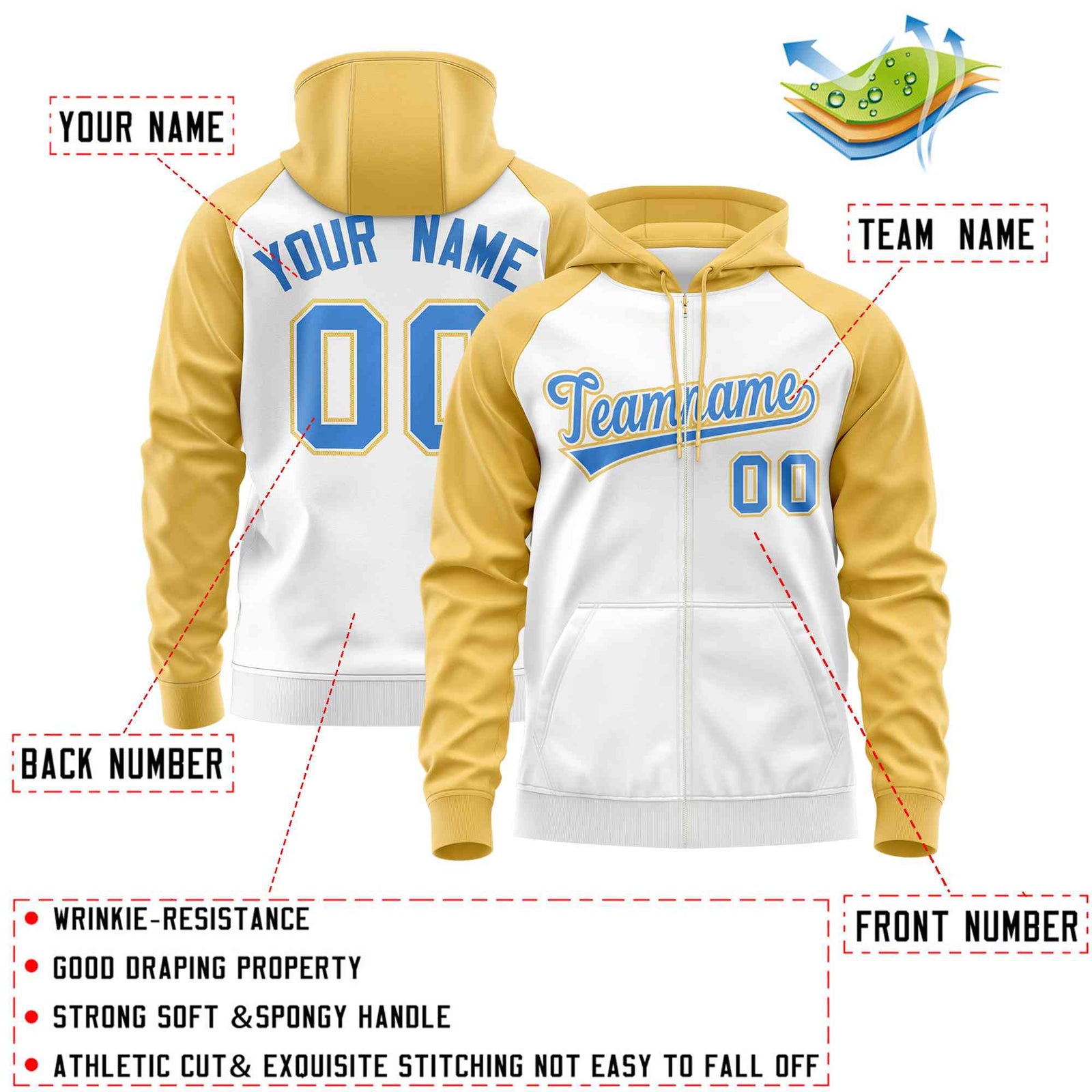 Custom Stitched White Yellow-Powder Blue Raglan Sleeves Sports Full-Zip Sweatshirt Hoodie