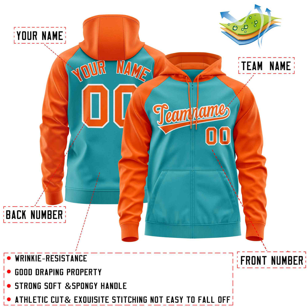 Custom Stitched Aqua Orange Raglan Sleeves Sports Full-Zip Sweatshirt Hoodie