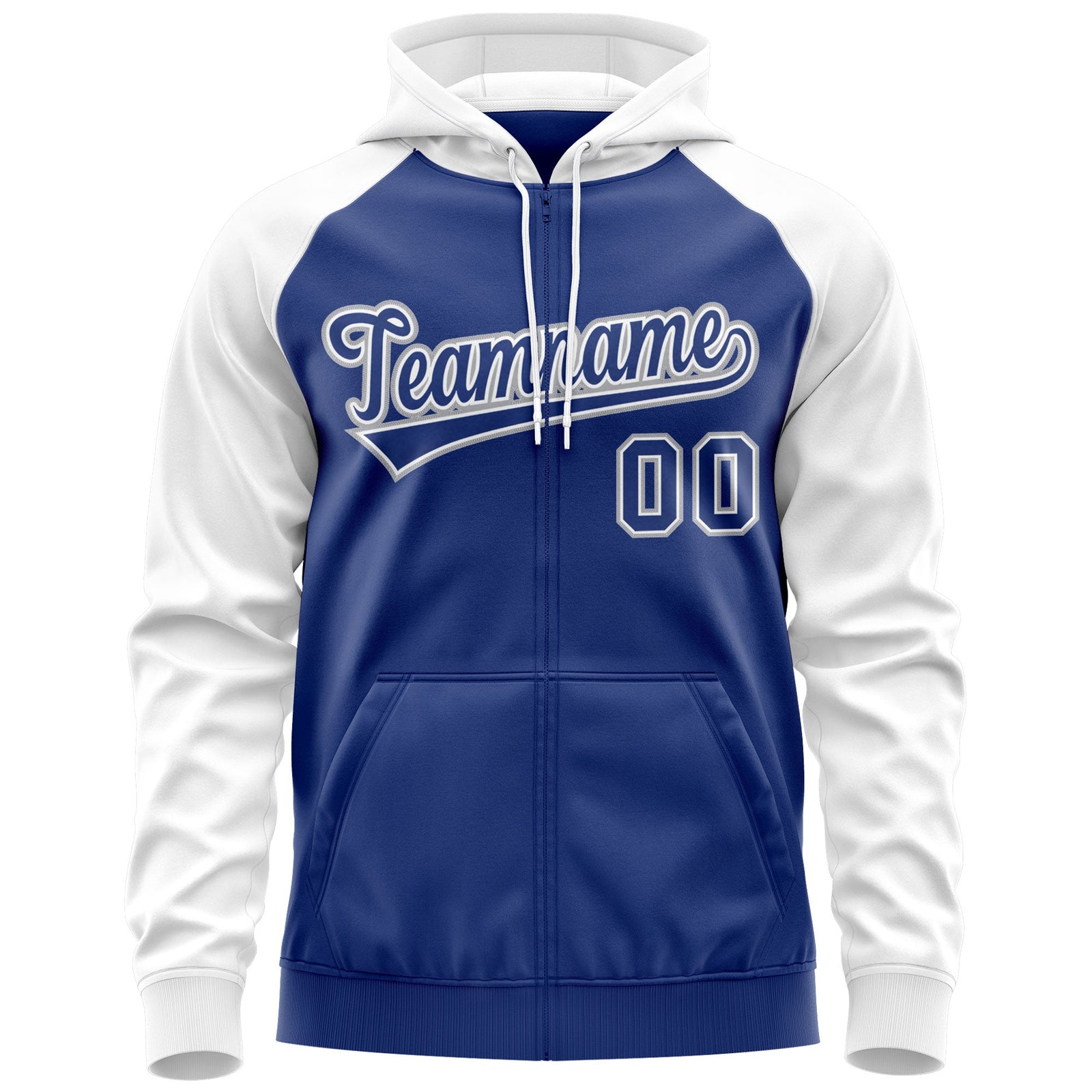 Custom Stitched Royal White-Gray Raglan Sleeves Sports Full-Zip Sweatshirt Hoodie