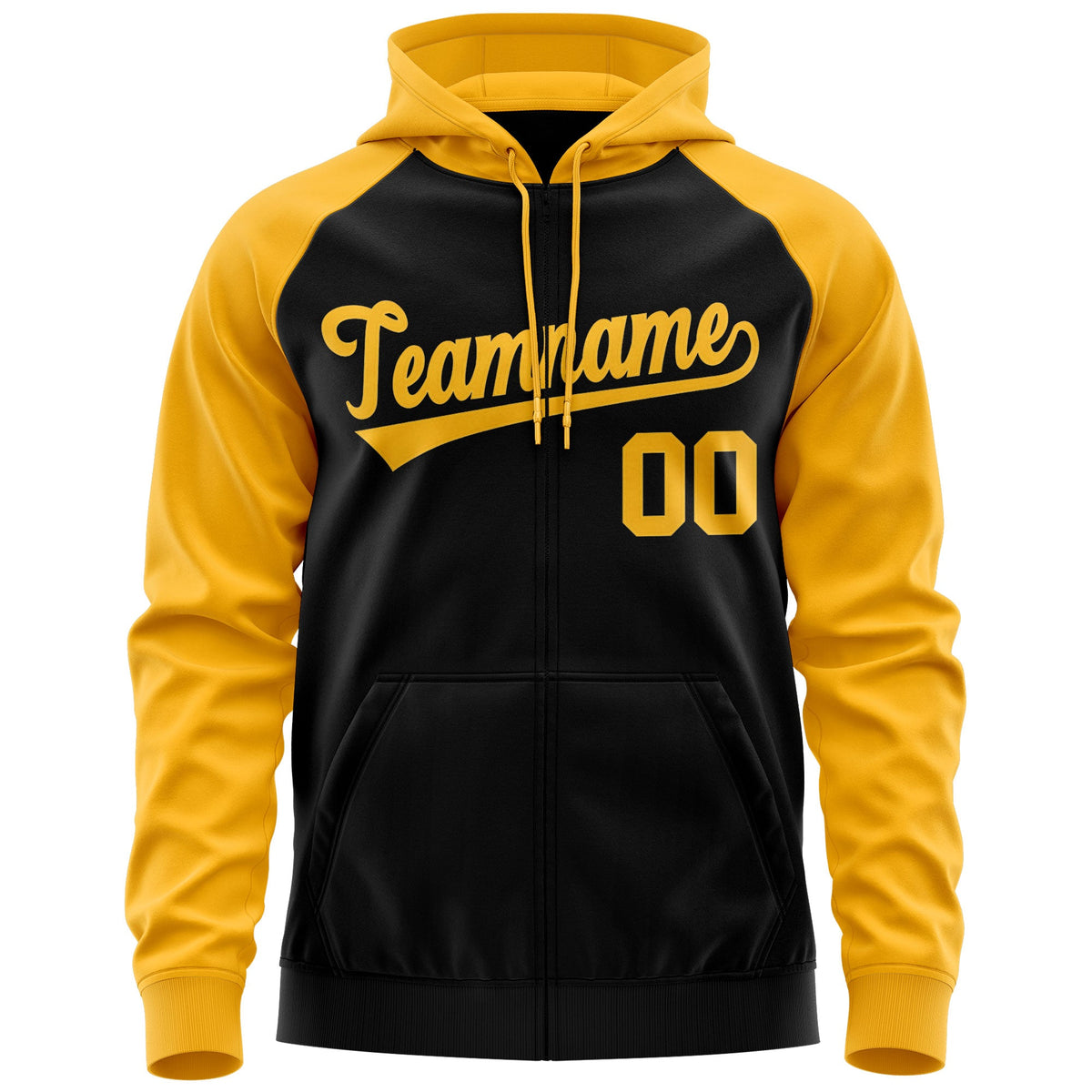 Custom Stitched Black Gold Raglan Sleeves Sports Full-Zip Sweatshirt Hoodie