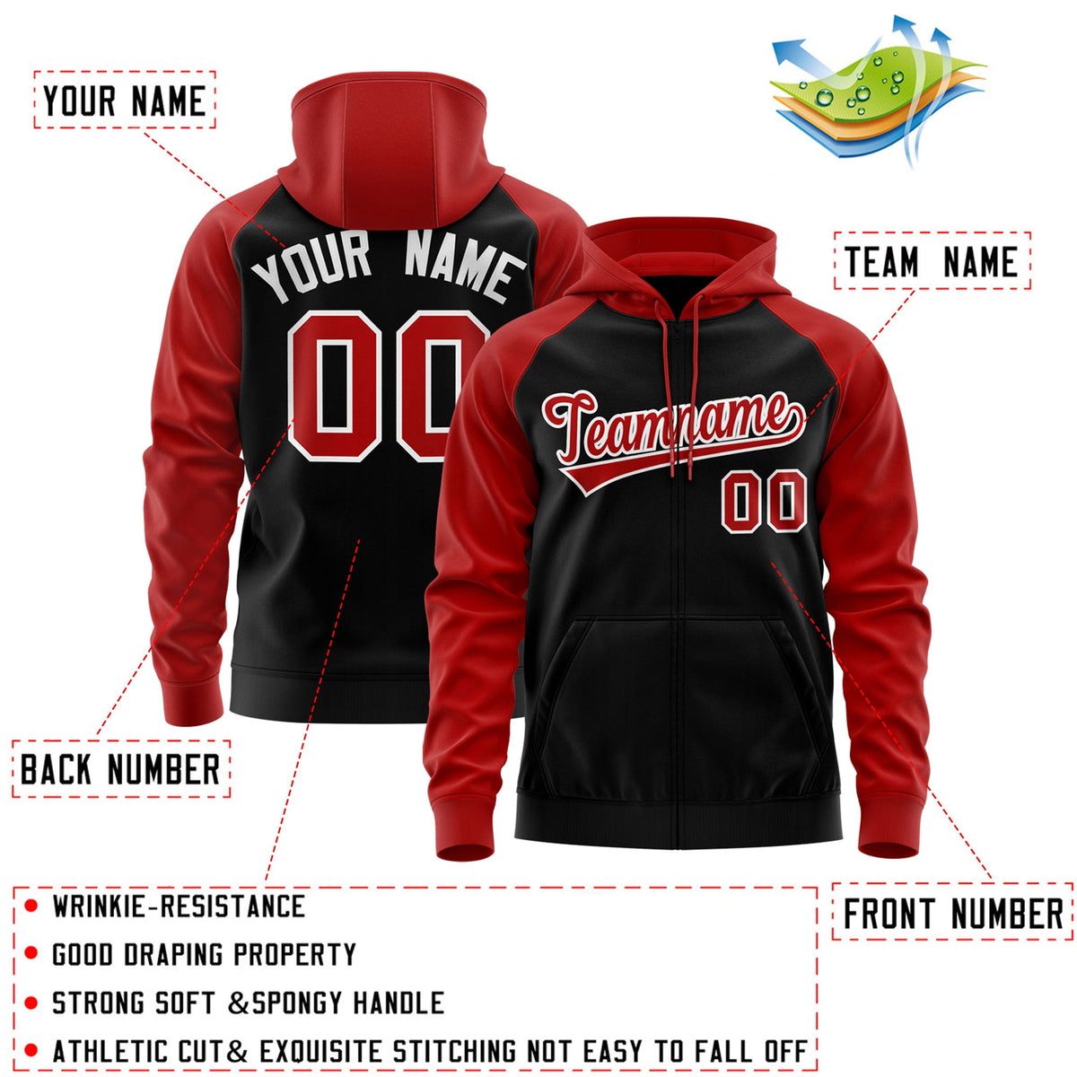 Custom Stitched Black Red-White Raglan Sleeves Sports Full-Zip Sweatshirt Hoodie