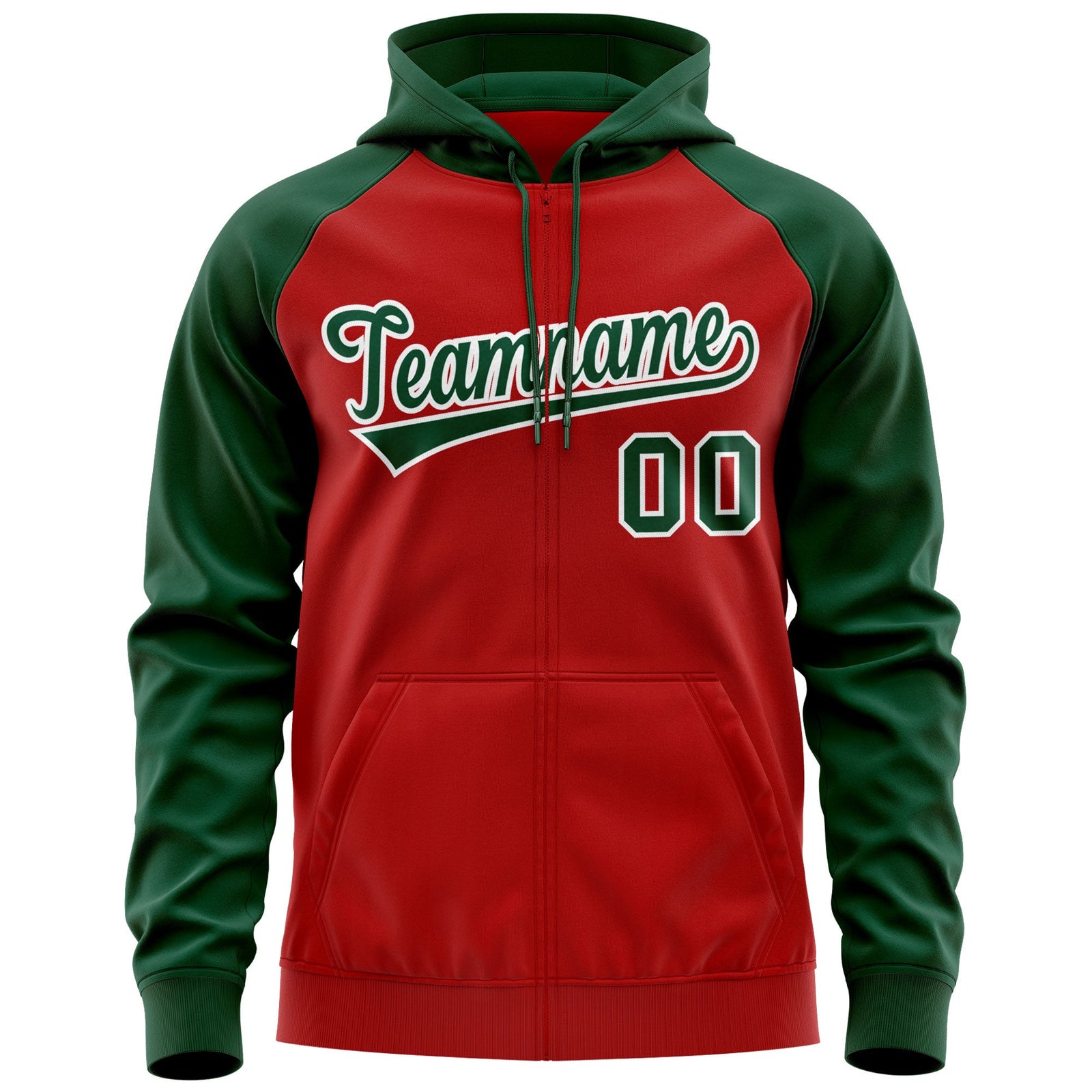 Custom Stitched Red Green-White Raglan Sleeves Sports Full-Zip Sweatshirt Hoodie