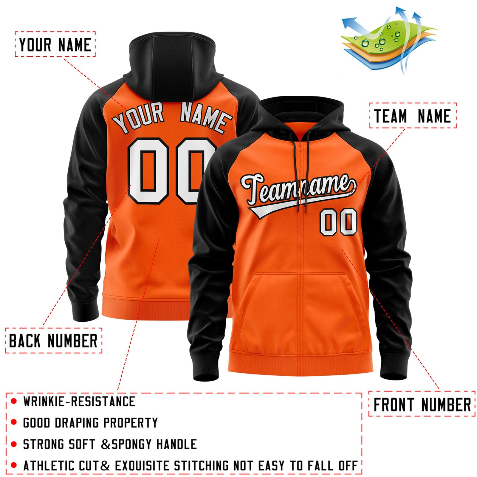 Custom Stitched Orange White-Black Raglan Sleeves Sports Full-Zip Sweatshirt Hoodie