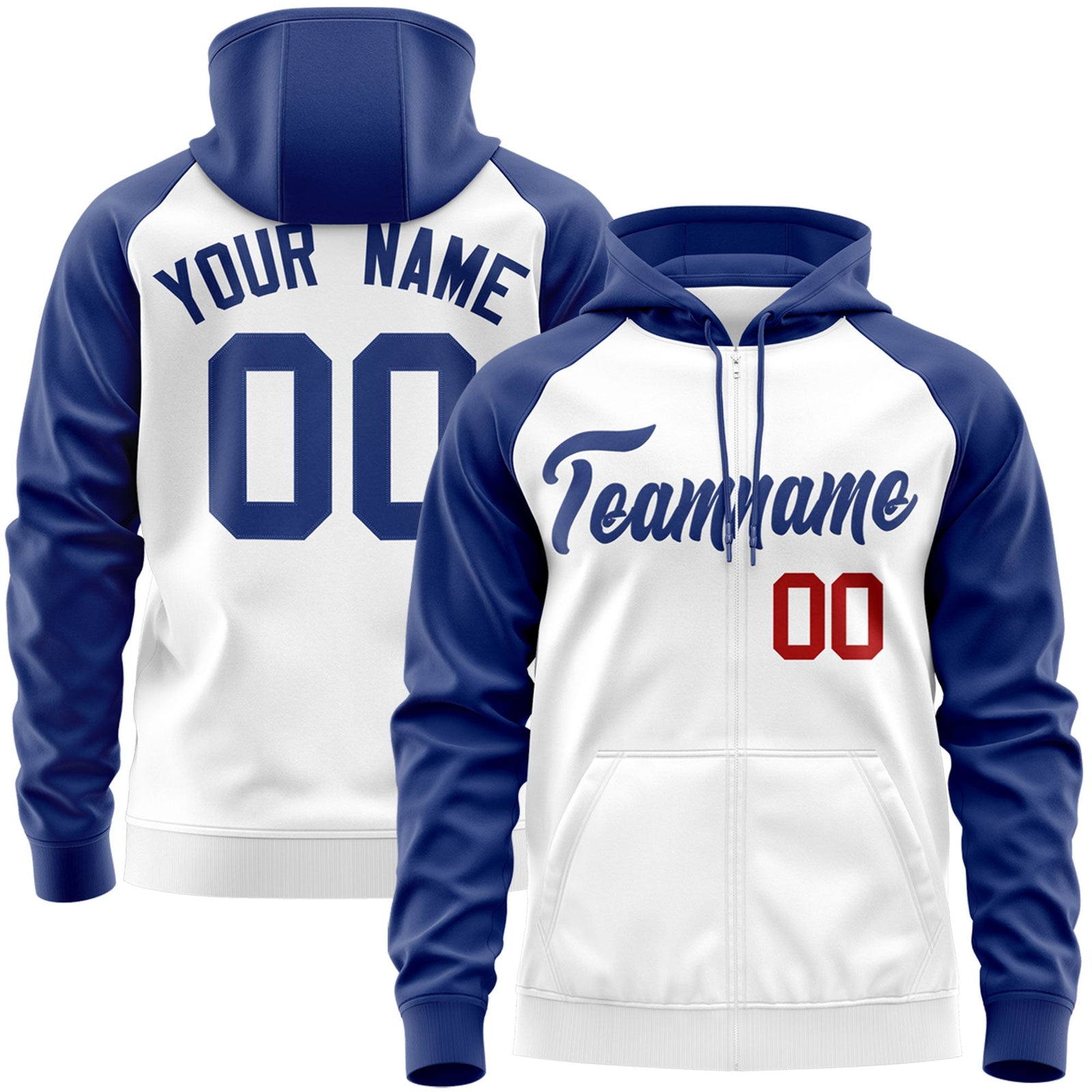 Custom Stitched White Royal Raglan Sleeves Sports Full-Zip Sweatshirt Hoodie