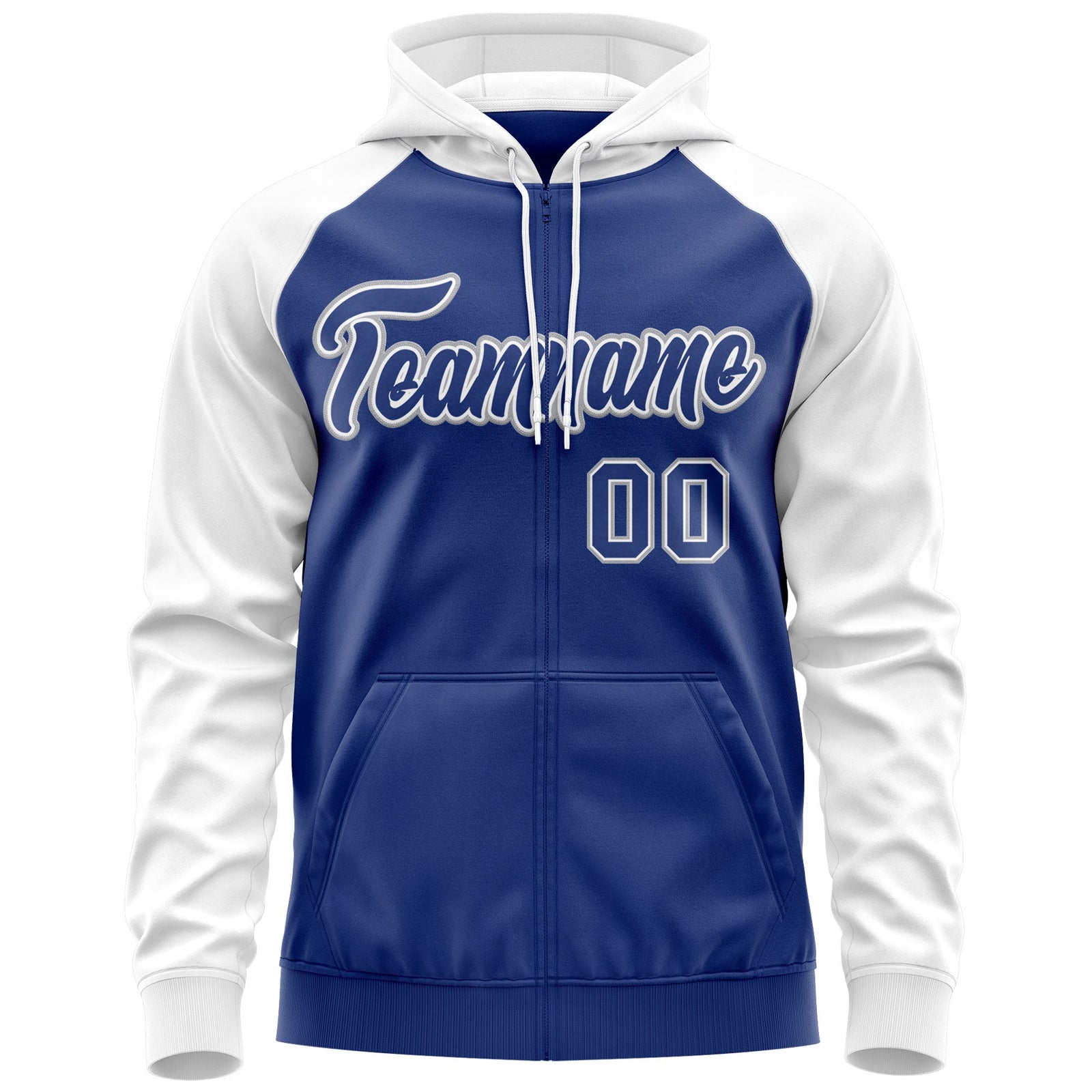 Custom Stitched Royal White-Gray Raglan Sleeves Sports Full-Zip Sweatshirt Hoodie