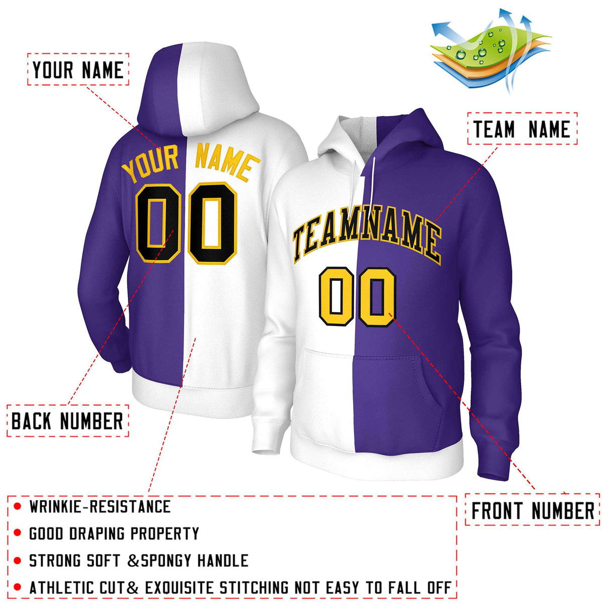 Custom White Purple Black-Gold Split Fashion Stitched Sportwear Pullover Hoodie