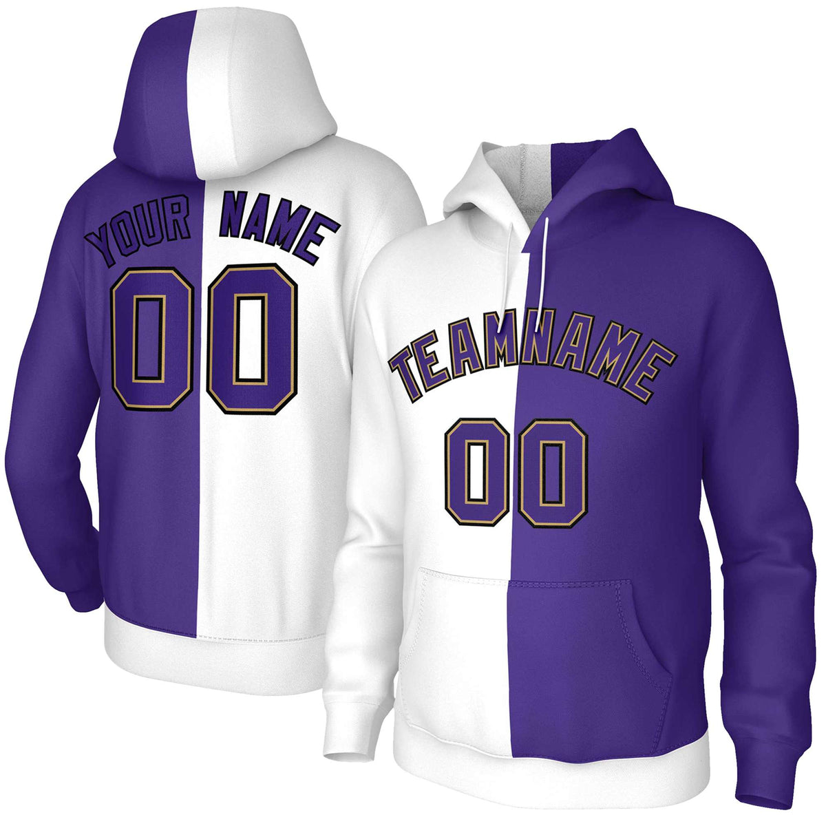 Custom White Purple Purple-Old Gold Split Fashion Stitched Sportwear Pullover Hoodie