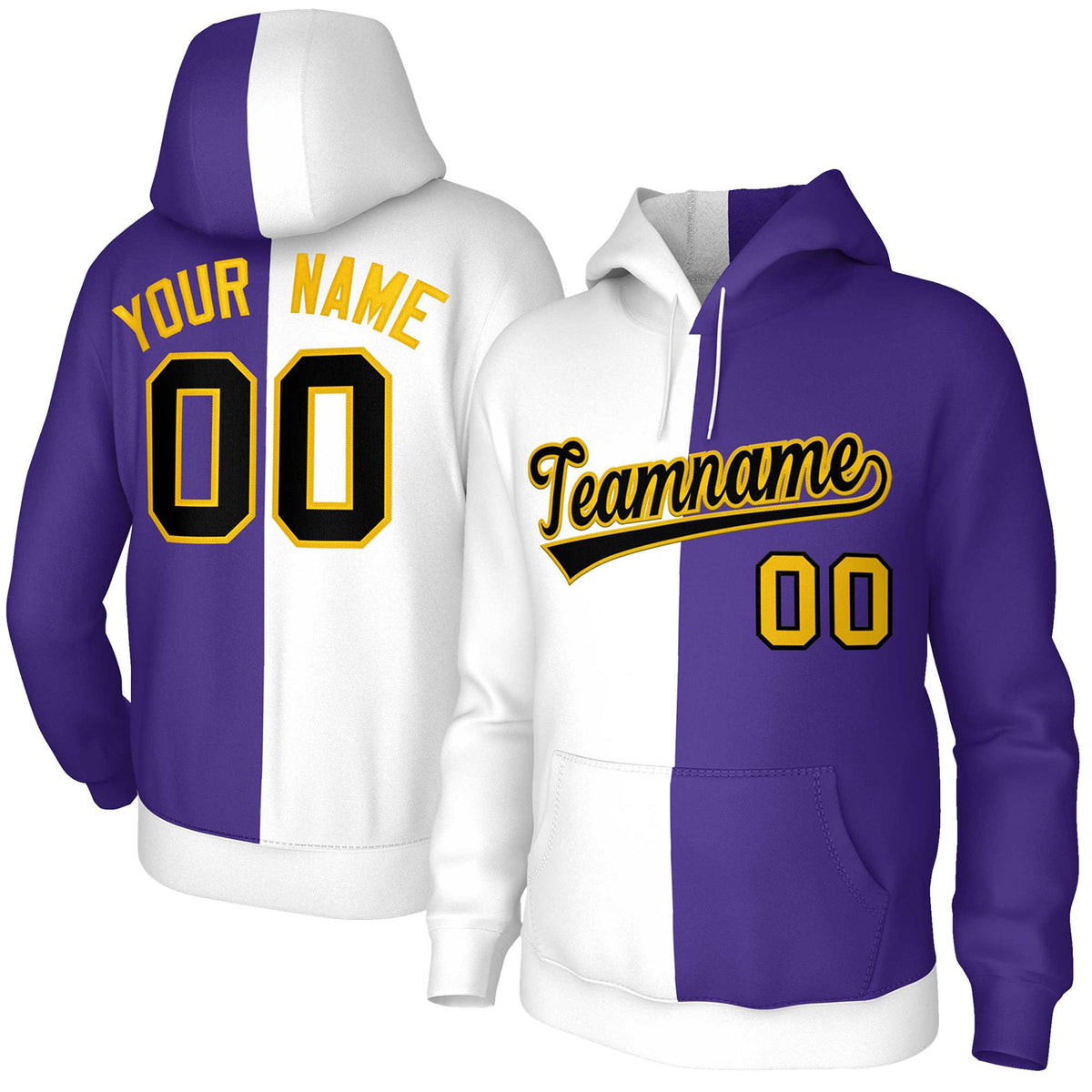 Custom White Purple Black-Gold Split Fashion Stitched Sportwear Pullover Hoodie