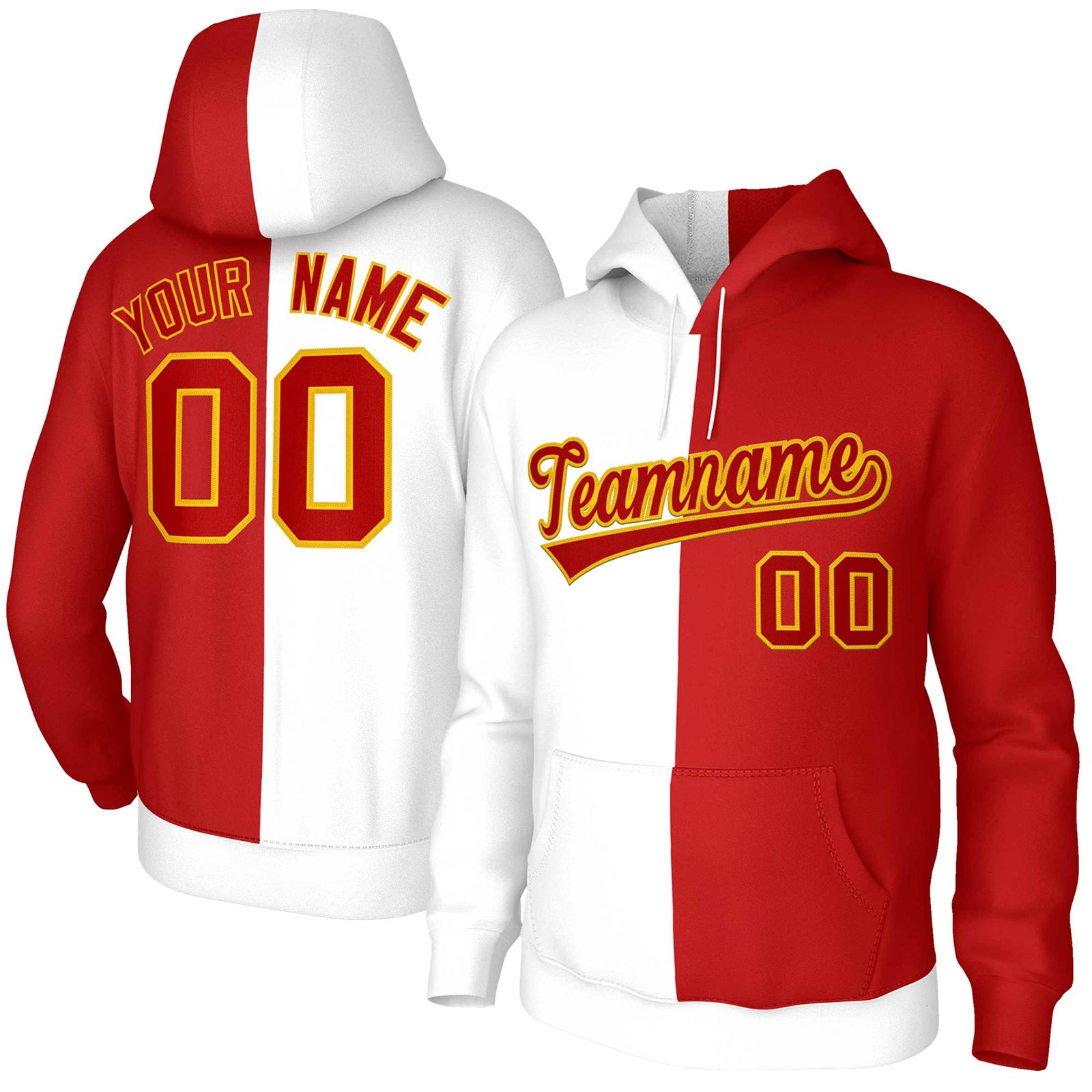 Custom White Red Red-Gold Split Fashion Stitched Sportwear Pullover Hoodie