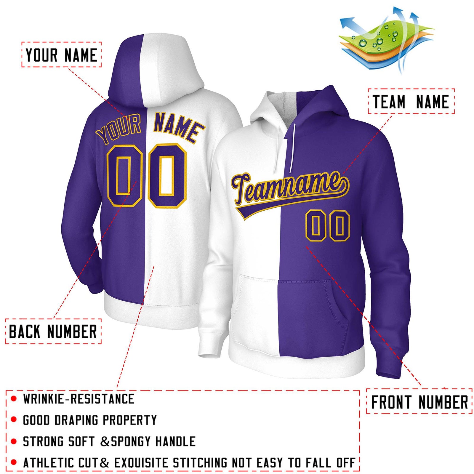 Custom White Purple Purple-Gold Split Fashion Stitched Sportwear Pullover Hoodie