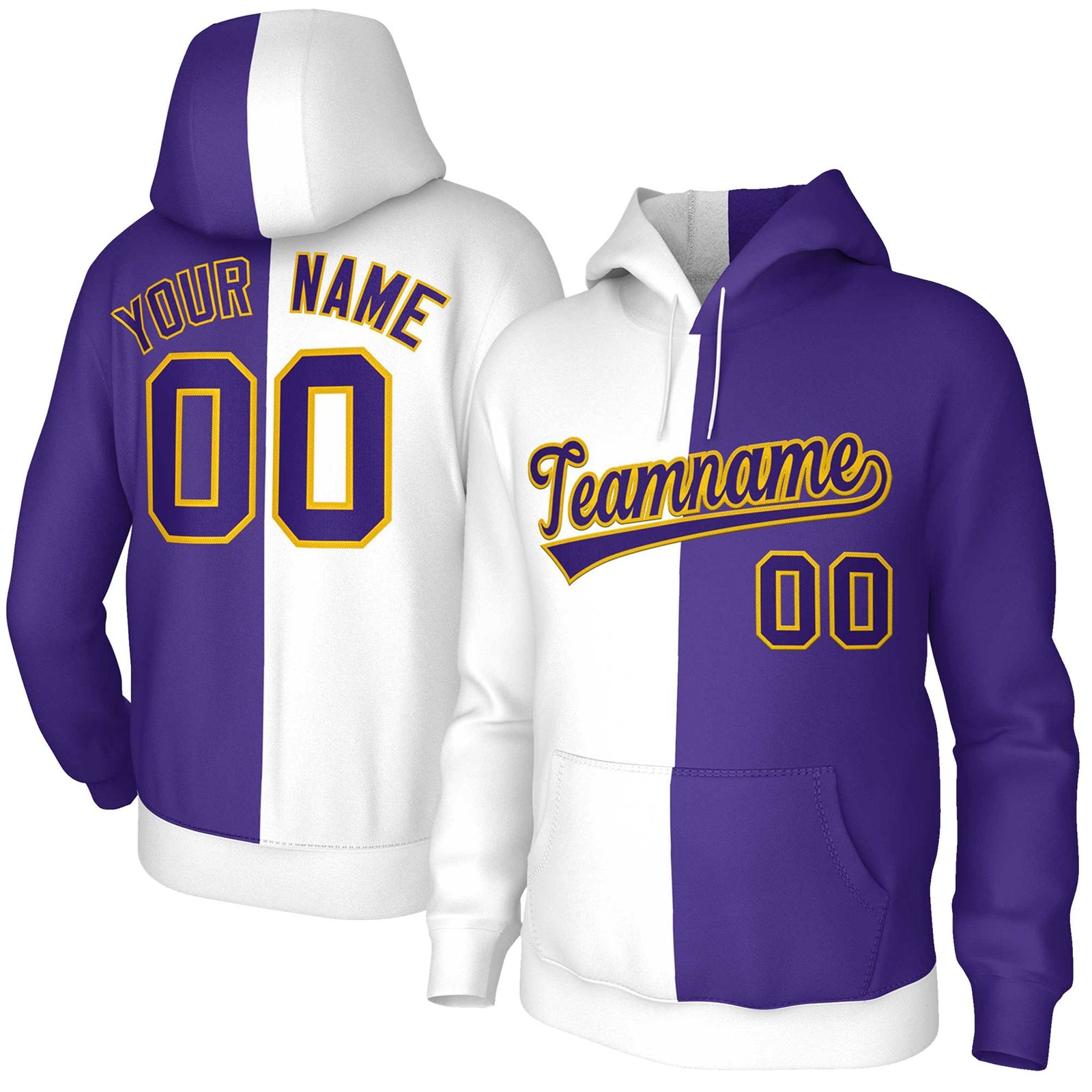 Custom White Purple Purple-Gold Split Fashion Stitched Sportwear Pullover Hoodie
