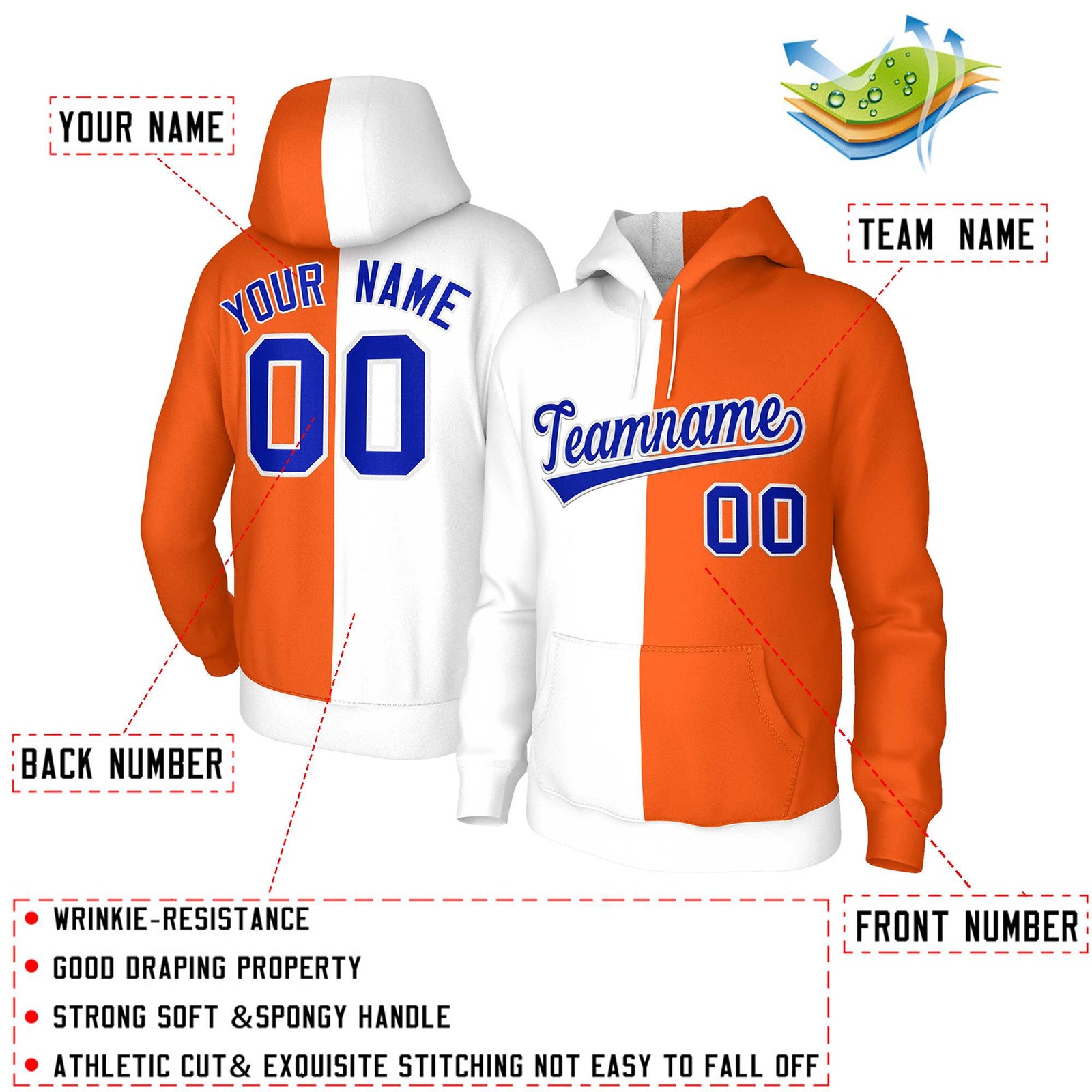 Custom White Orange Royal-White Split Fashion Stitched Sportwear Pullover Hoodie