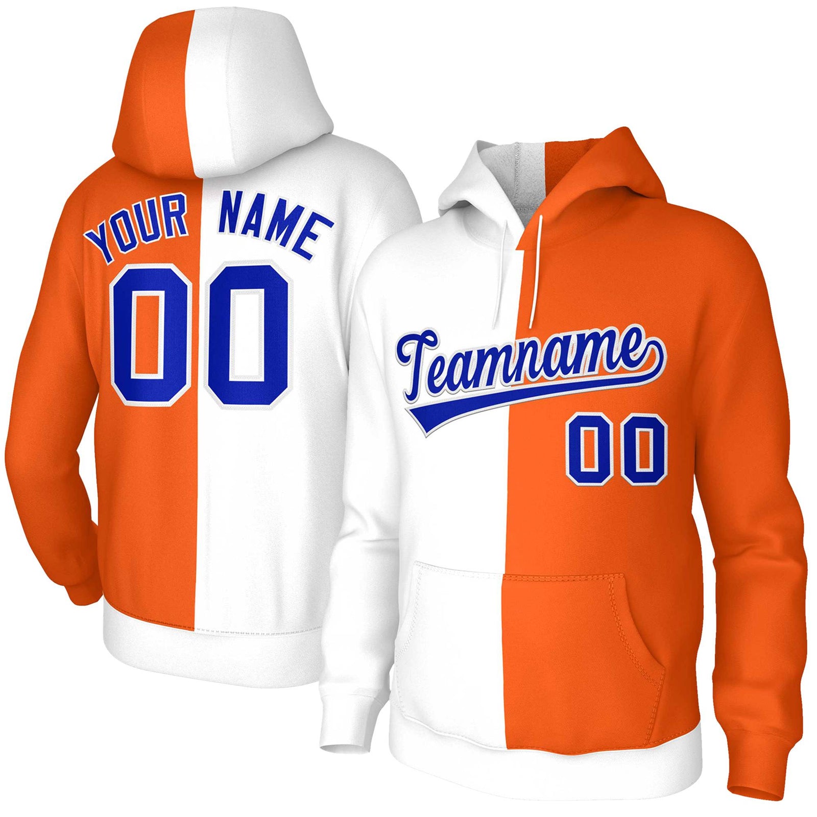 Custom White Orange Royal-White Split Fashion Stitched Sportwear Pullover Hoodie