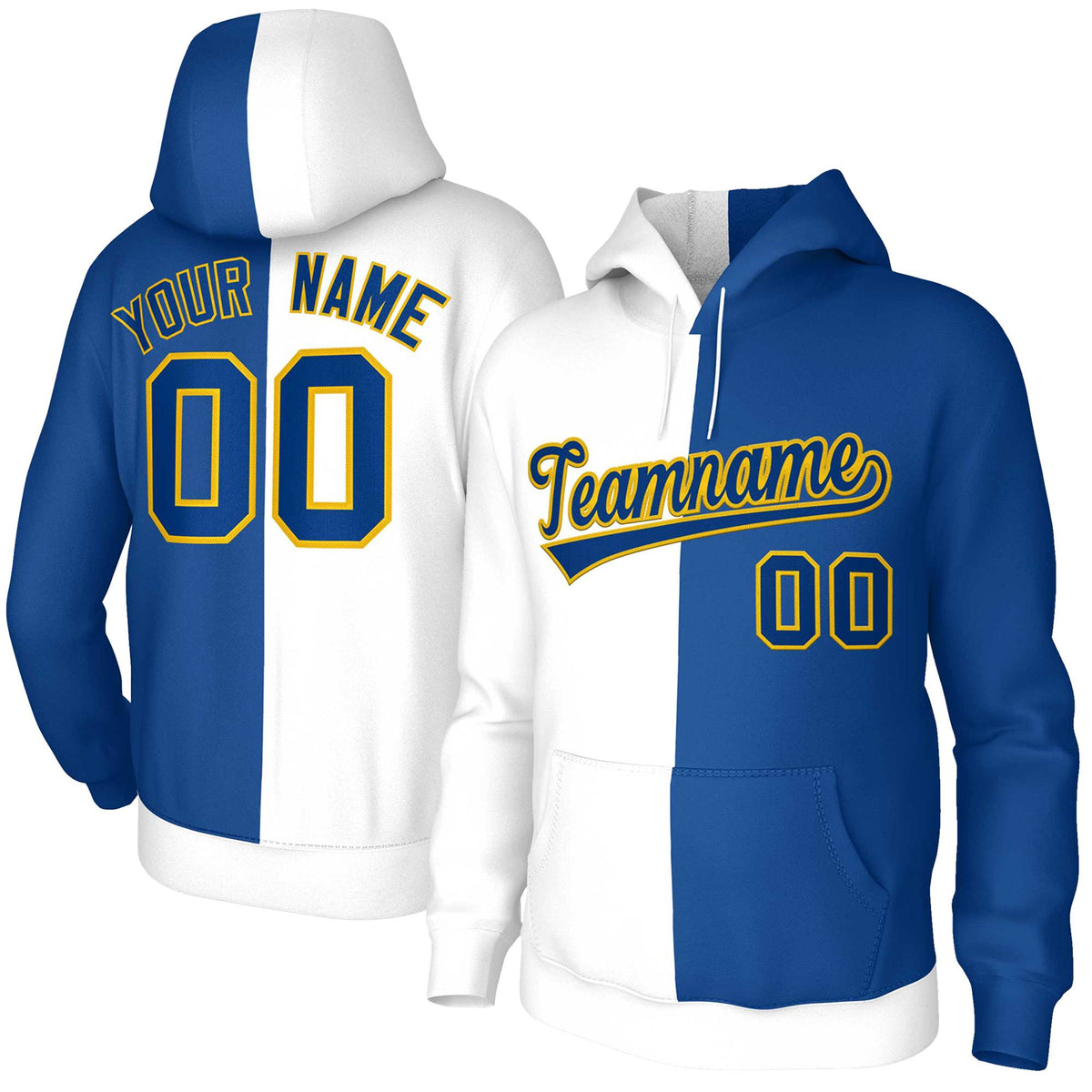 Custom White Royal Royal-Gold Split Fashion Stitched Sportwear Pullover Hoodie