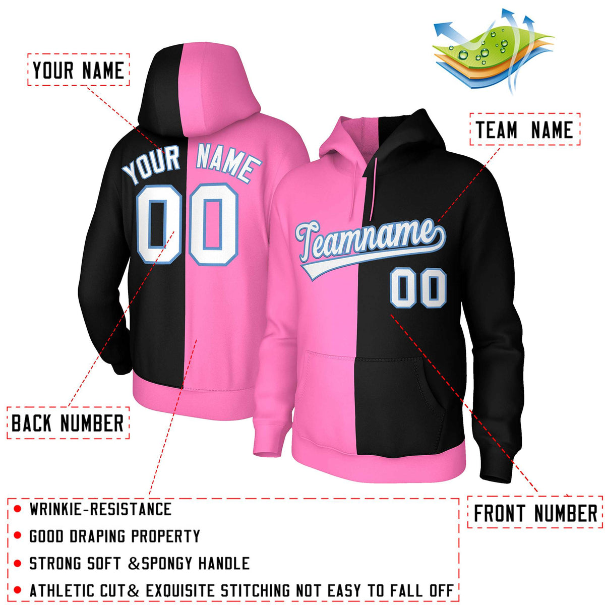 Custom Pink Black White-Light Blue Split Fashion Stitched Sportwear Pullover Hoodie