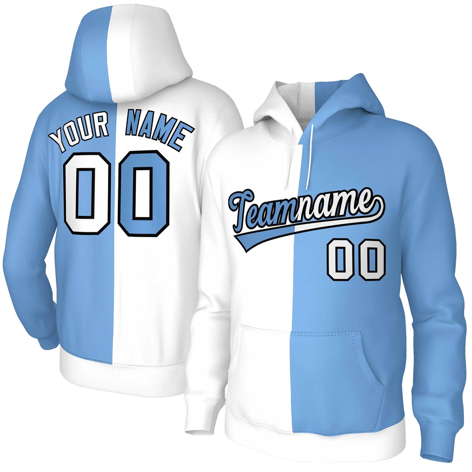 Custom White Light Blue Light Blue-Black Split Fashion Stitched Sportwear Pullover Hoodie
